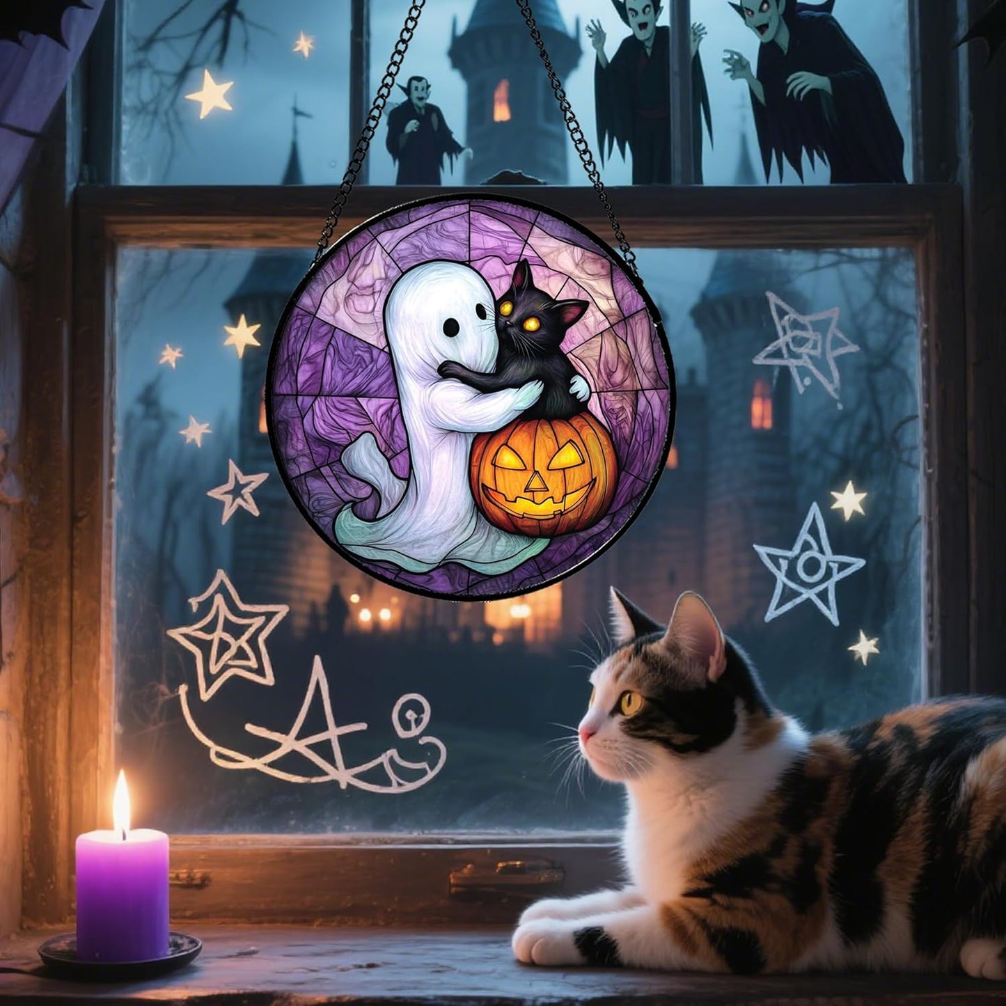 Stained Glass Window Hanging - Halloween Decorations Ghost Black Cat Pumpkin Suncatcher for Door Garden Spooky Purple Sun Catchers Gothic Decor Horror Gifts for Women Men Friend Boy 15 in