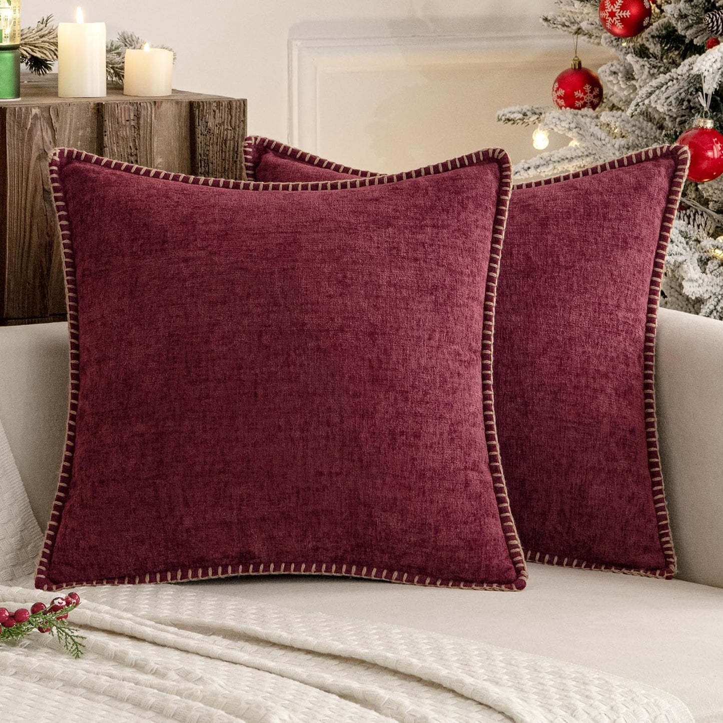 MIULEE Pack of 2 Christmas Pillow Covers 18x18 Inch Burgundy Red Farmhouse Decorative Throw Pillow Covers with Stitched Edge Soft Chenille Solid Dyed Couch Pillow Covers for Sofa Bed Living Room
