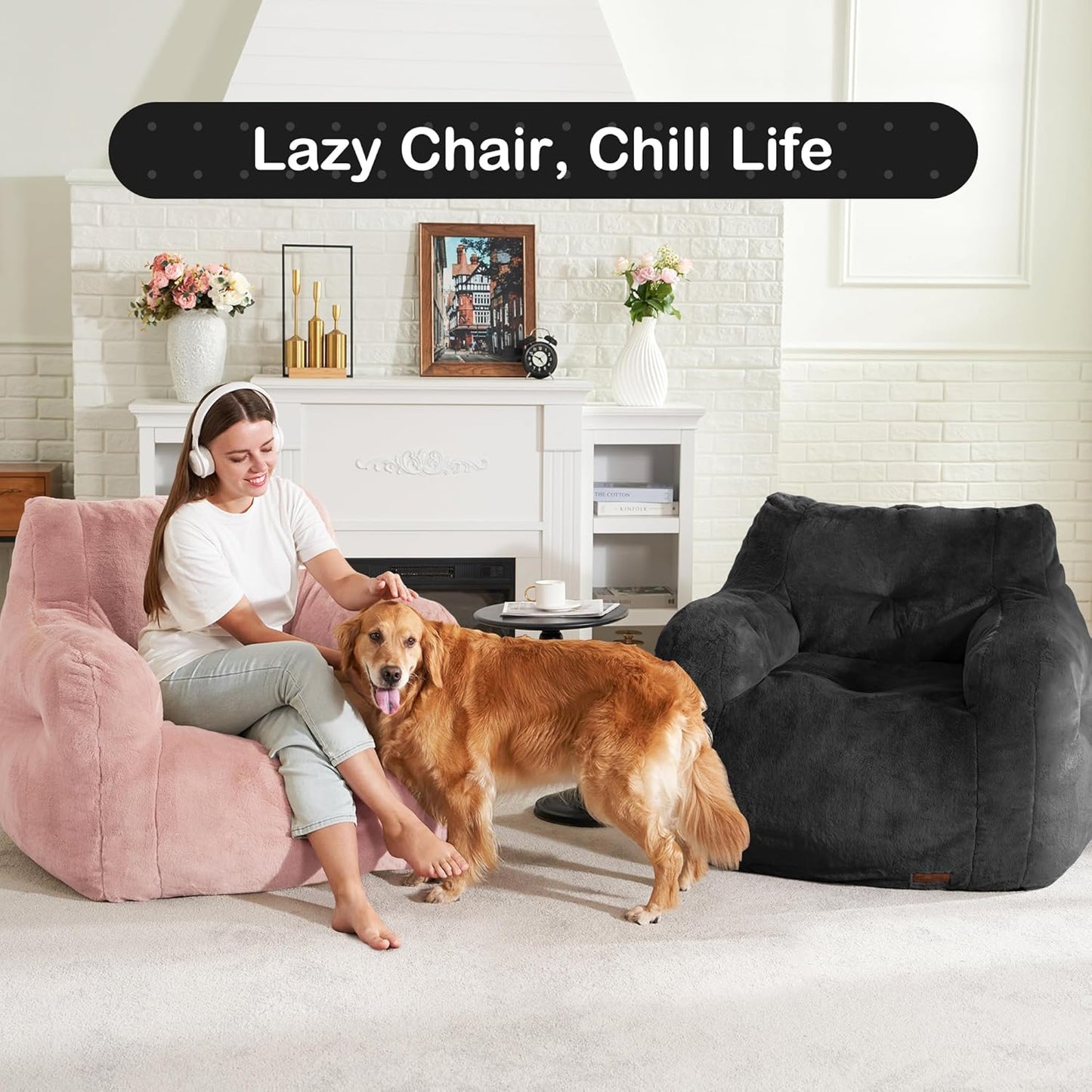 Hobestluk Bean Bag Chair for Adult Small Bean Bag Chairs with Arms Furry Beanbag Chair with Foam Filler Stuffed Bean Bag Sofa for Reading in Bedroom Living Room and Dorms (Black)