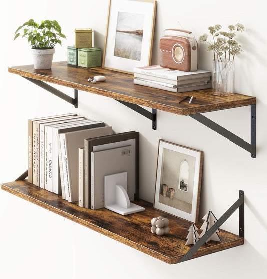 36"W x 10"D Floating Shelves, 10 Inch Deep Floating Shelves, Farmhouse Rustic Deep Wall Shelves for Home Decor, Wide Large Floating Shelf for Bathroom, Living Room, Kitchen, Study Room, Rustic Brown