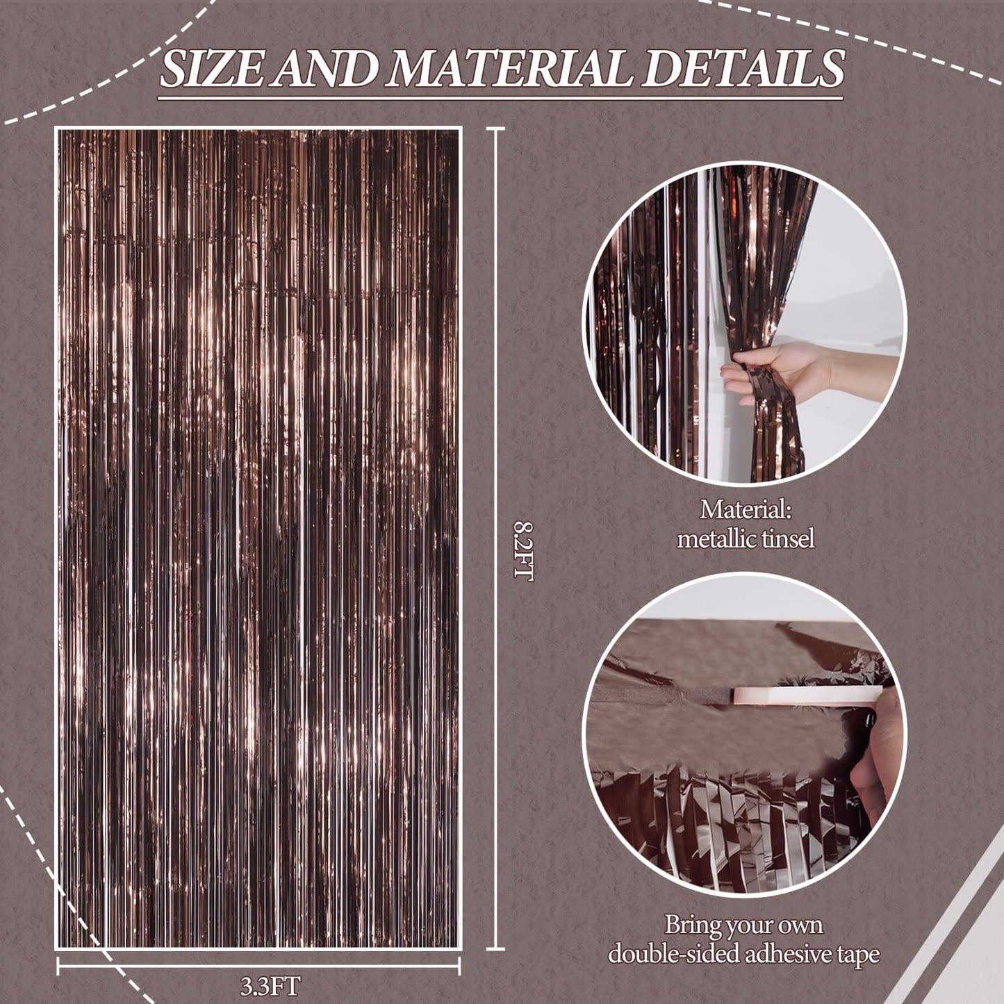 3 Pack Foil Fringe Backdrop - Brown Shiny Tinsel Curtains for Party Decoration/Photo Booth Props - 3.3x8.2 FT Metallic Foil Backdrop for Birthday, Wedding, Graduation, Christmas.