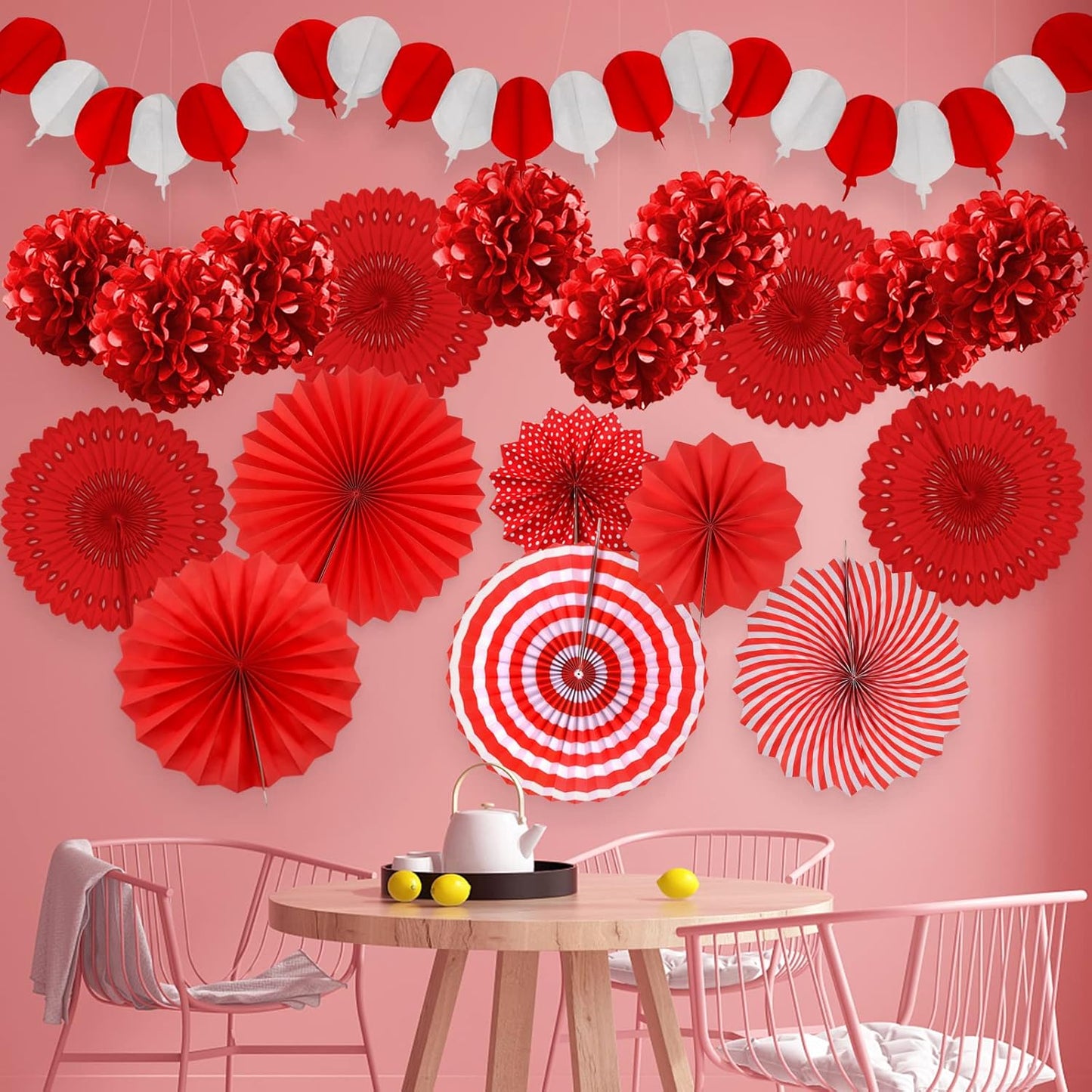 Red Party Decorations, Papar Fans Pompoms Fans Garlands for Birthday Bridal Baby Shower Wedding Graduation New Years Valentine's Day Party Decorations
