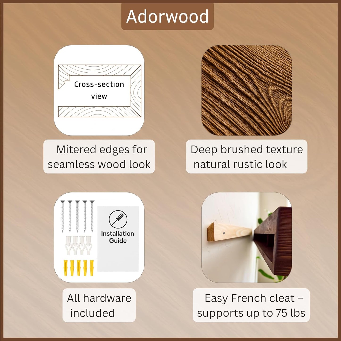 Handmade Fireplace Mantel Shelf, Extra Wide Rustic Wood Mantles for Over Fireplace, Wall Mounted Floating Mantel Shelves for Living Room Decor (Ebony, 72 inches)