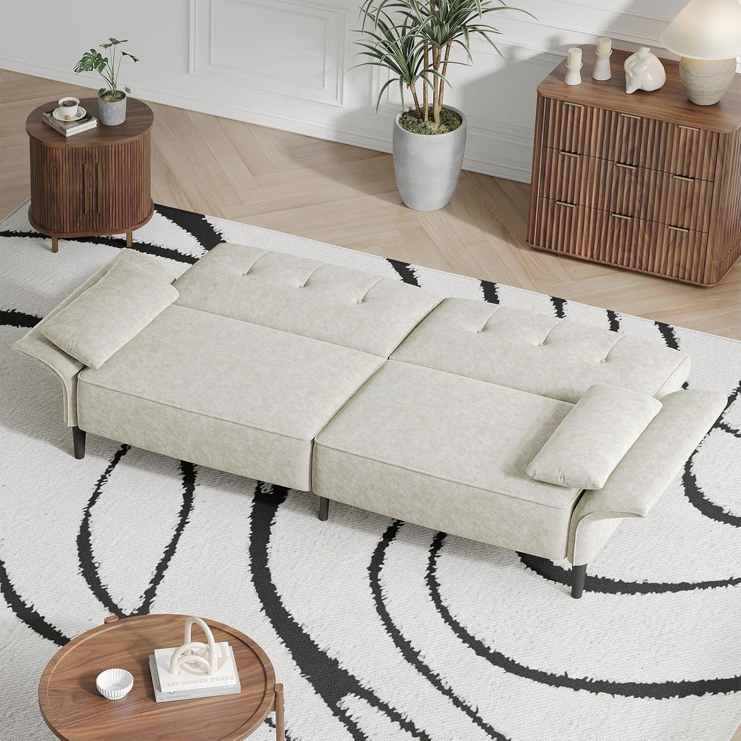 89” Futon Sofa Bed, Comfy Futon Couch Bed with 2 Square Pillows, Convertible Sleeper Sofa with Adjustable Backrest& Armrests, Modern Loveseat Sleeper for Living Room, Bedroom, White