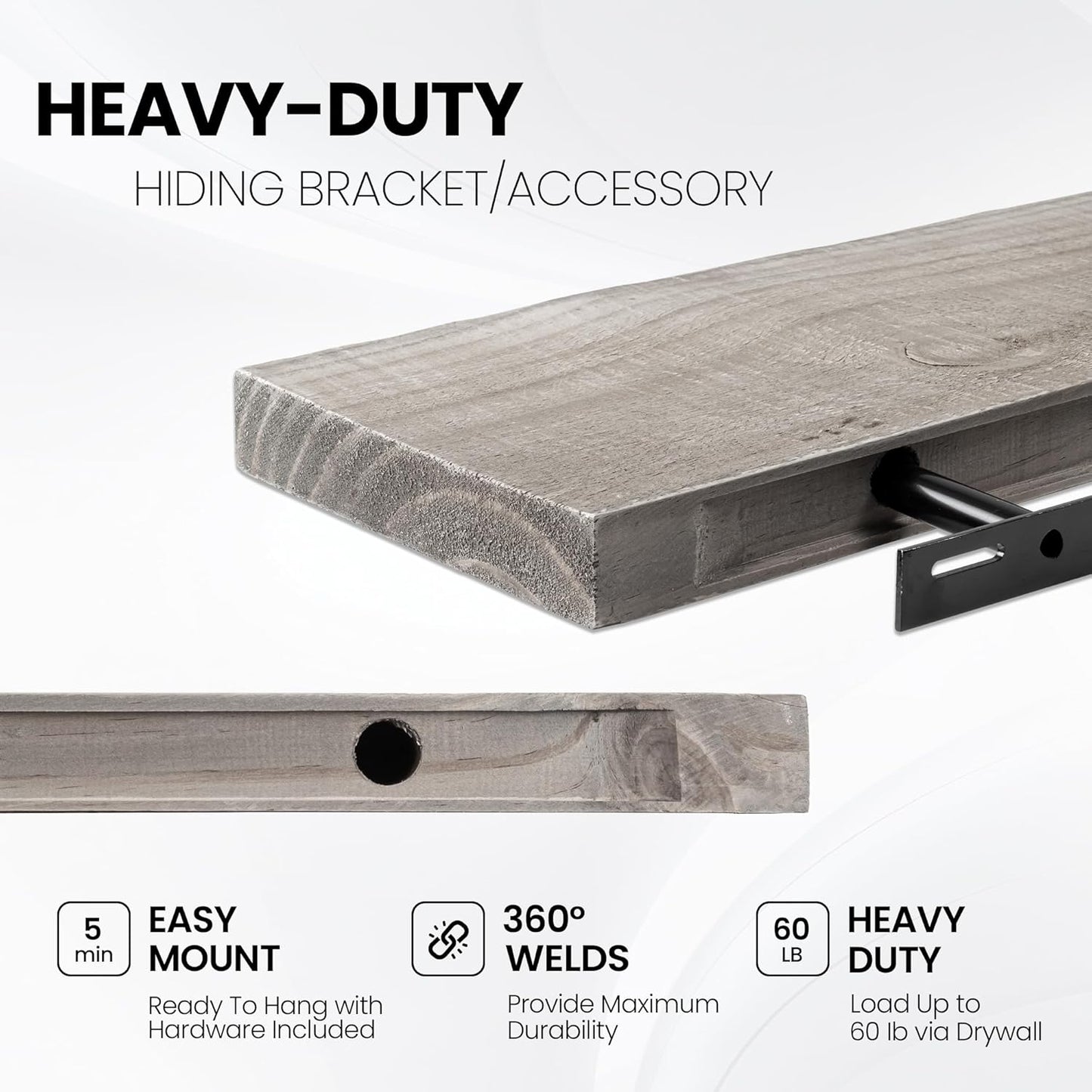 Fun Memories Floating Shelves for Wall Decor, 24"x8" Rustic Reclaimed Wood Shelves, Heavy-Duty Wall Mounted Shelves with Invisible Brackets, Set of 2for Living Room, Bedroom, Kitchen, Grey Finish