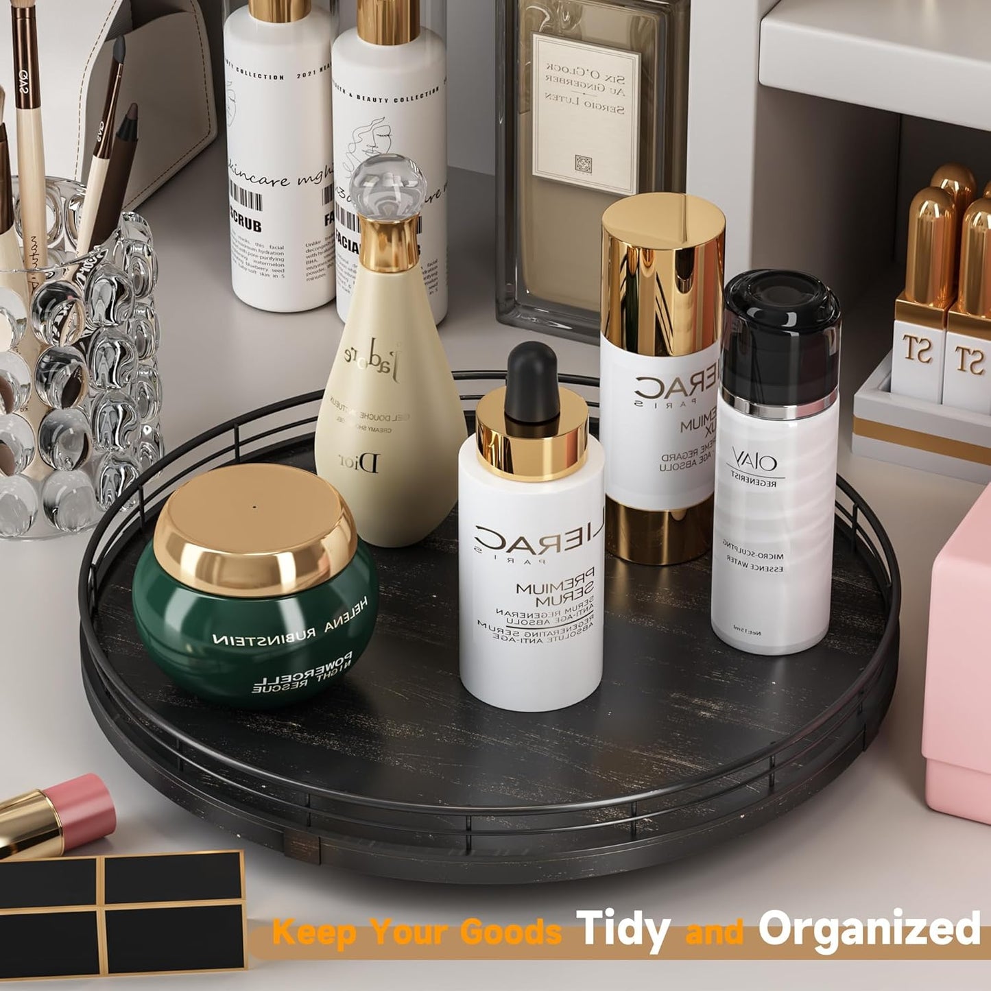 13" Oak Bathroom Vanity Tray Turntable for Perfume Candle, Round Wooden Decorative Tray for Kitchen Sink Countertop Organizer, Bathroom Counter Organizer for Skincare Makeup, Farmhouse Black Gold