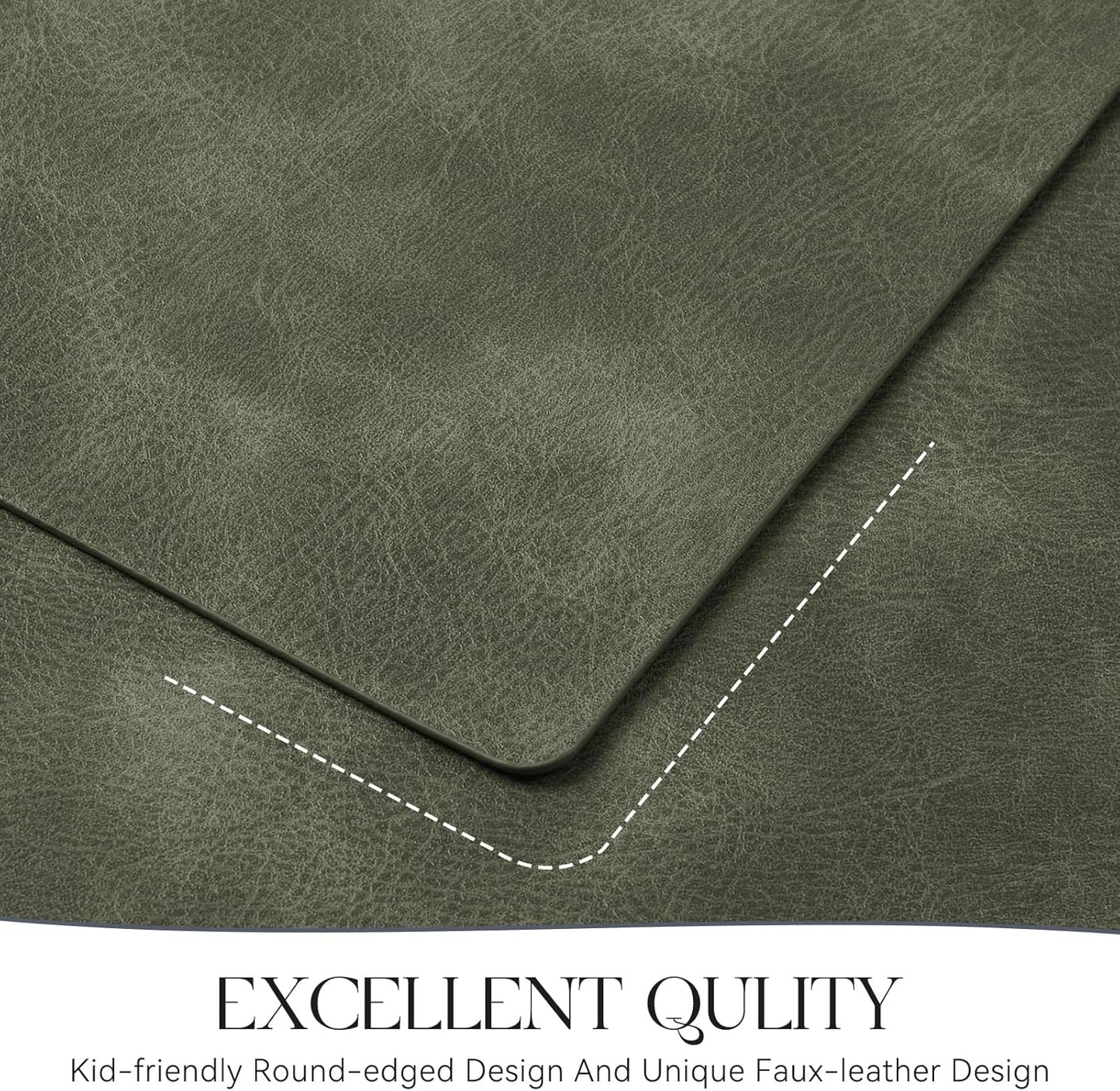 MOSAYT Vinyl Placemats Set of 8-12 X 17 Inch - Faux Leather 100% Waterproof Oil-Proof Wipeable PU Place Mats, Heat Resistant Reversible Table Mats for Kitchen, Dining, Outdoor (Olive Green)