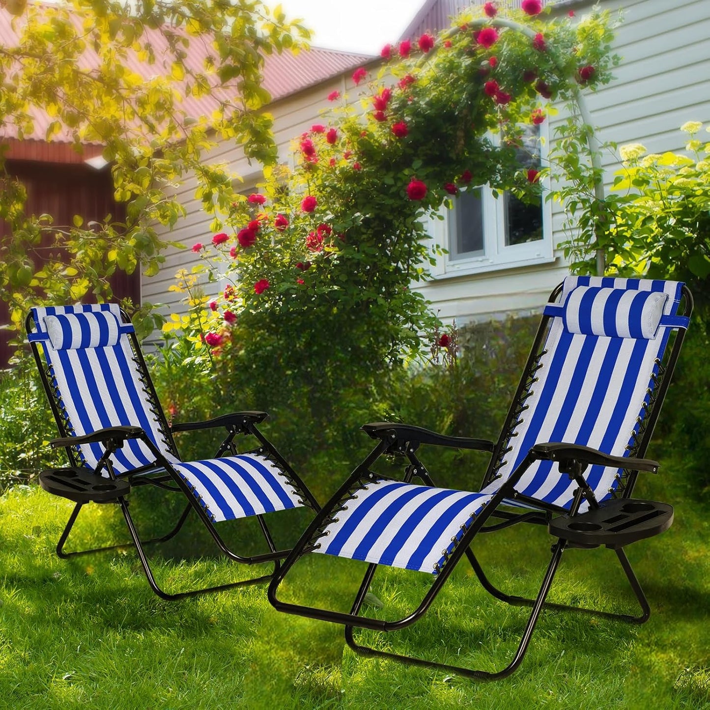 Nazhura Set of 2 Relaxing Recliners Patio Chairs Adjustable Steel Mesh Zero Gravity Lounge Chair Beach Chairs with Pillow and Cup Holder (Navy Blue Stripe)