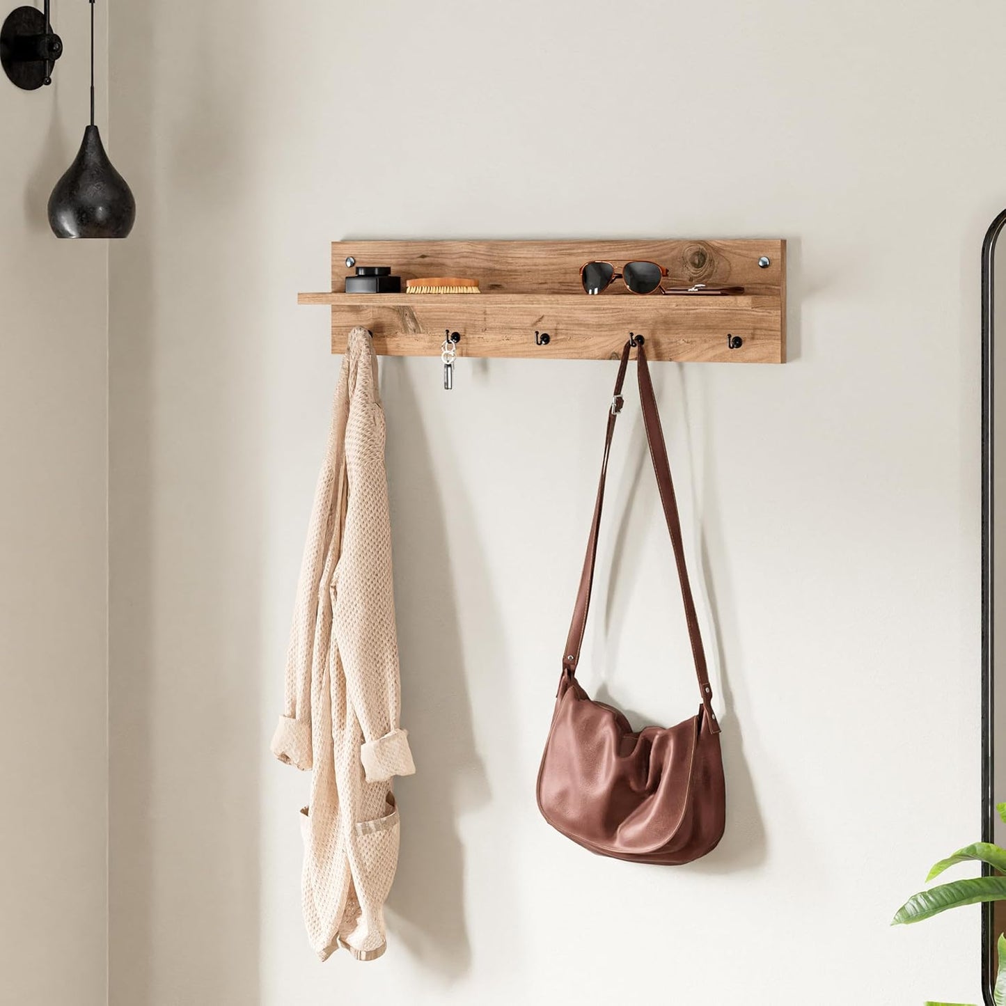 Modern Wall-Mounted Coat Rack with Shelf and Hooks - Wooden Entryway Organizer (Brown)
