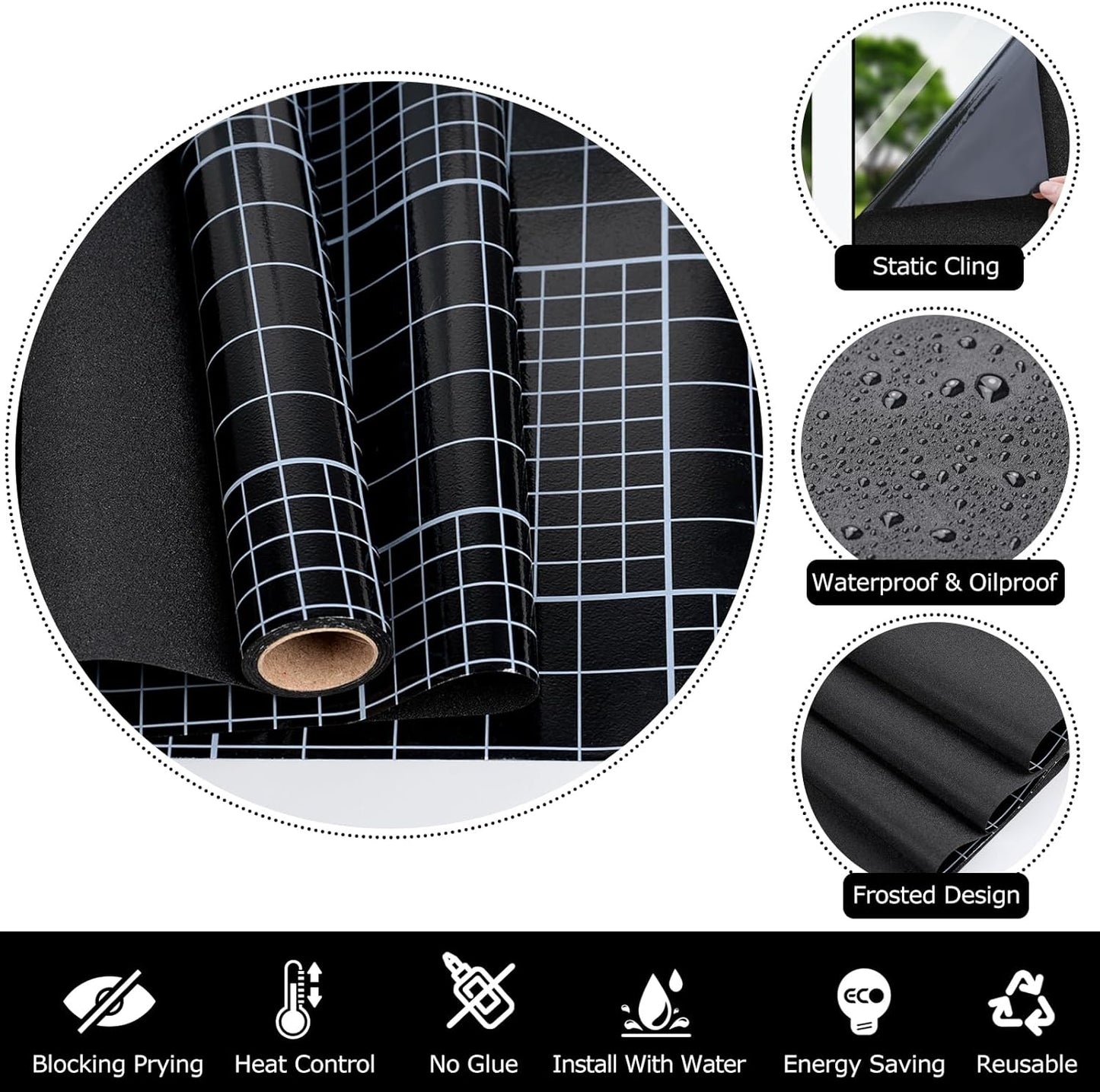 HIDBEA Blackout Window Film,100% Light Blocking Room Darkening Window Privacy Film,Frosted Glass Window Film Heat Control, Removable Window Cover Tint for Day Sleep (Black,17.7in x 6.5ft)