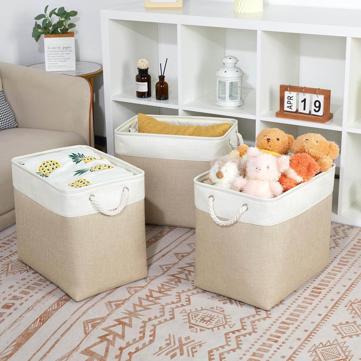 Bidtakay Extra Large Storage Baskets for Organizing 17x12x15.1 inch 3-Pack Fabric Closet Organizers Storage Bins with Handles Foldable Storage Baskets for Shelves Clothes XL-White&Beige