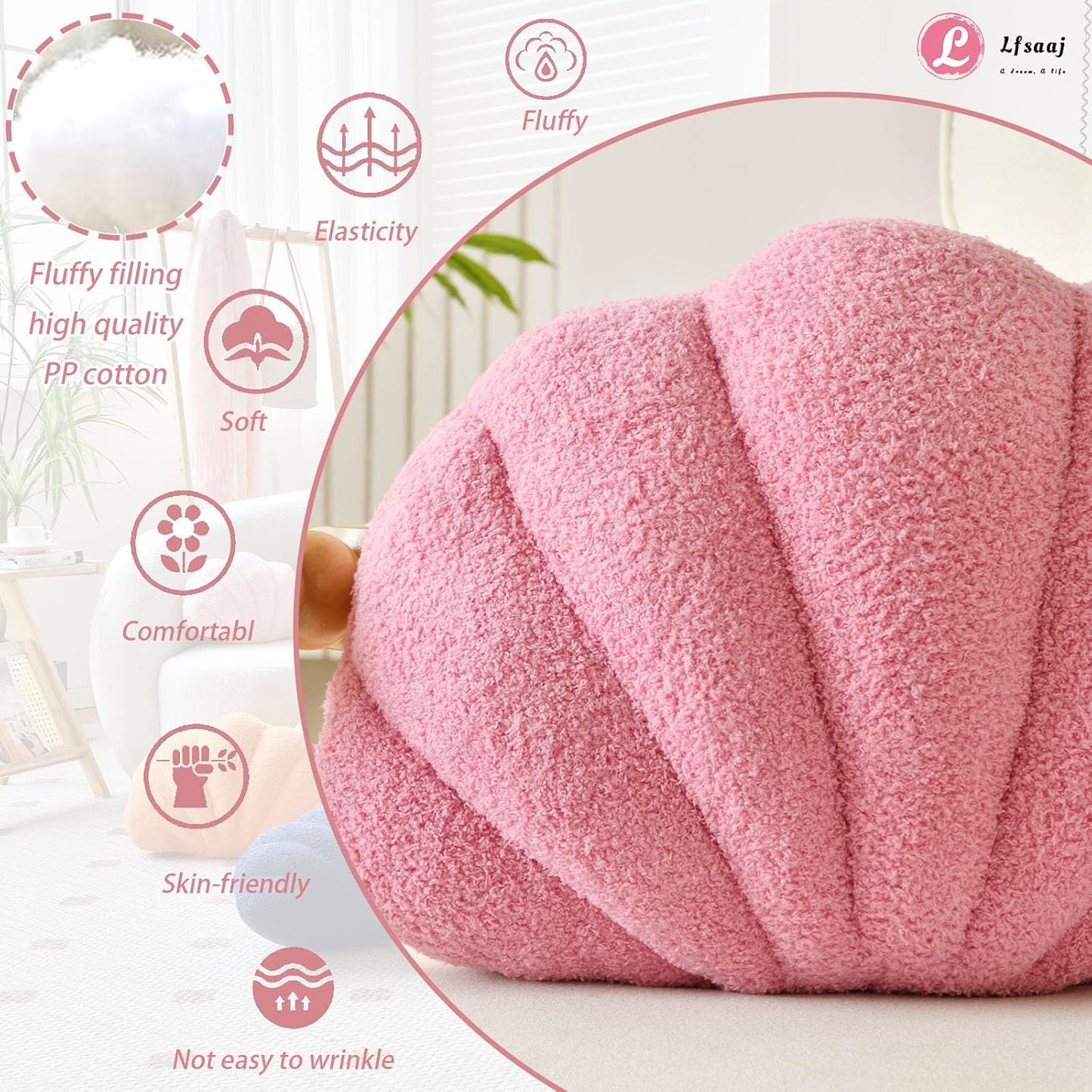 Seashell Throw Pillows, Shell Shaped Throw Pillows, Soft Home Decorative Pillow Plush Cushion for Bed Couch Living Sofa Room Decor Accent Throw Pillow (13x10 Inch, Pink Purple)