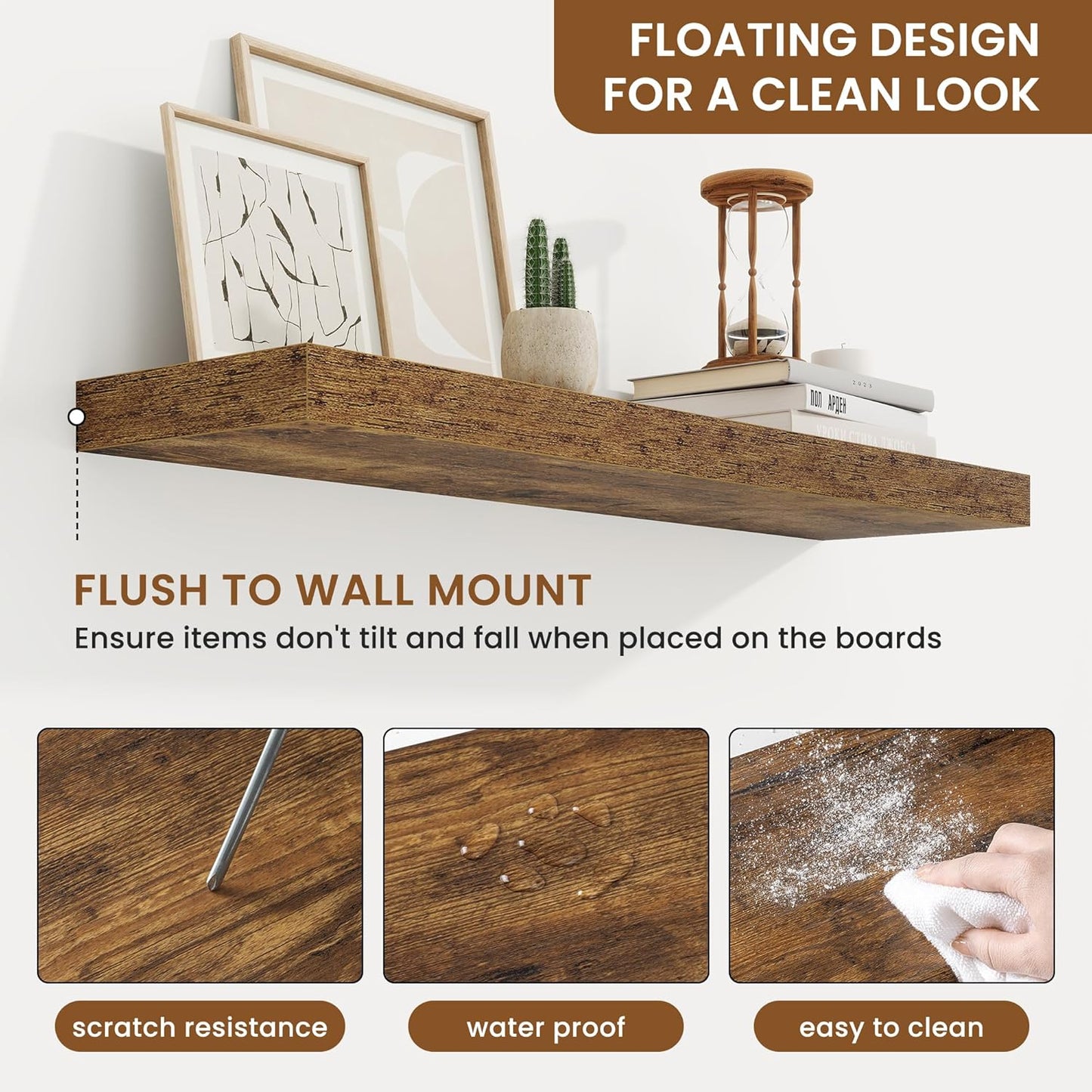 fuqing Floating Shelves for Wall, Bathroom Shelf Wall Mounted for Storage, Shelves with Invisible Bracket for Bedroom, Kitchen, Living Room, Farmhouse Small Book Shelf, 30 Inch Set of 2, Rustic Brown