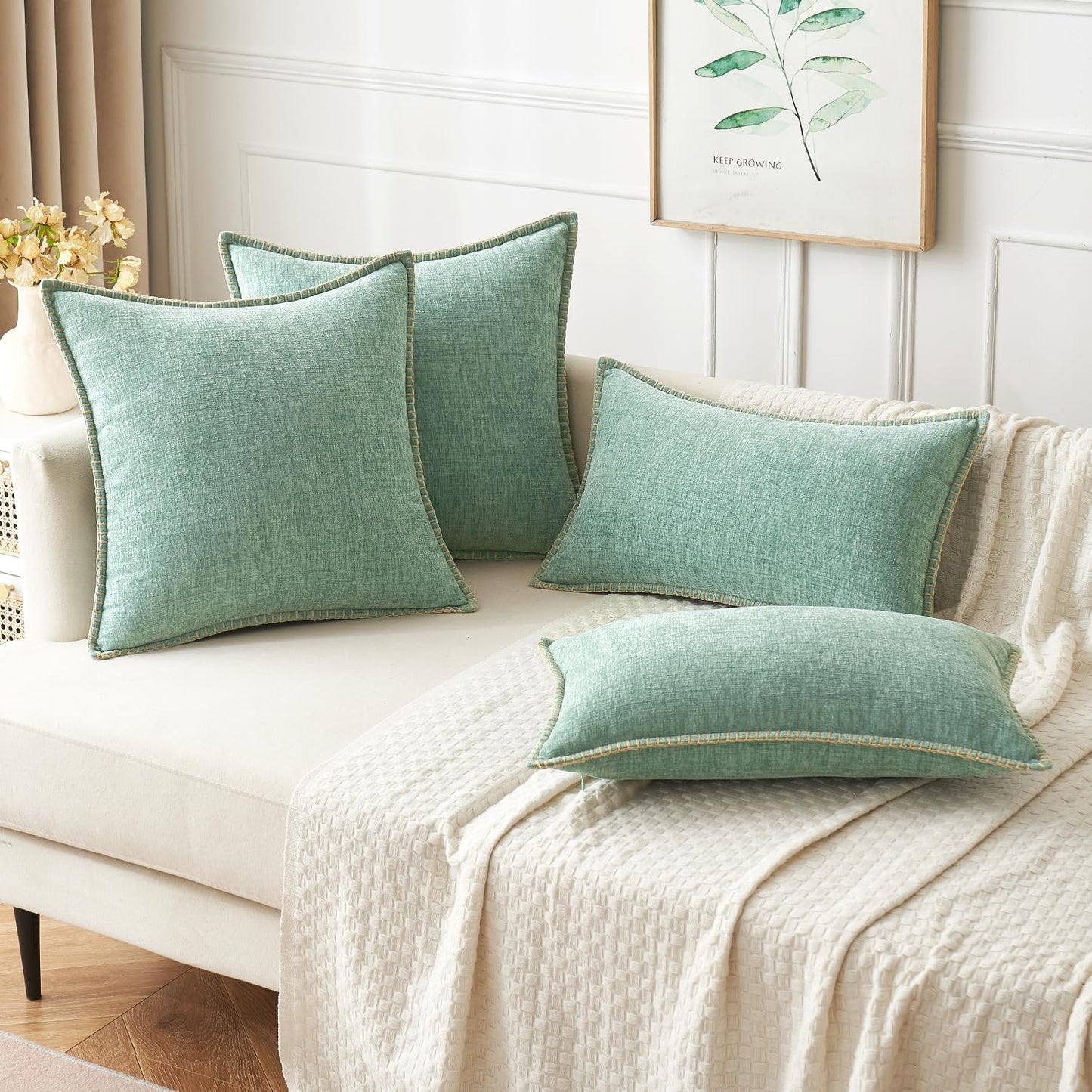 MIULEE Pack of 2 Couch Throw Pillow Covers 18x18 Inch Greyish Green Farmhouse Decorative Pillow Covers with Stitched Edge Soft Chenille Solid Dyed Spring Pillow Covers for Sofa Bed Living Room