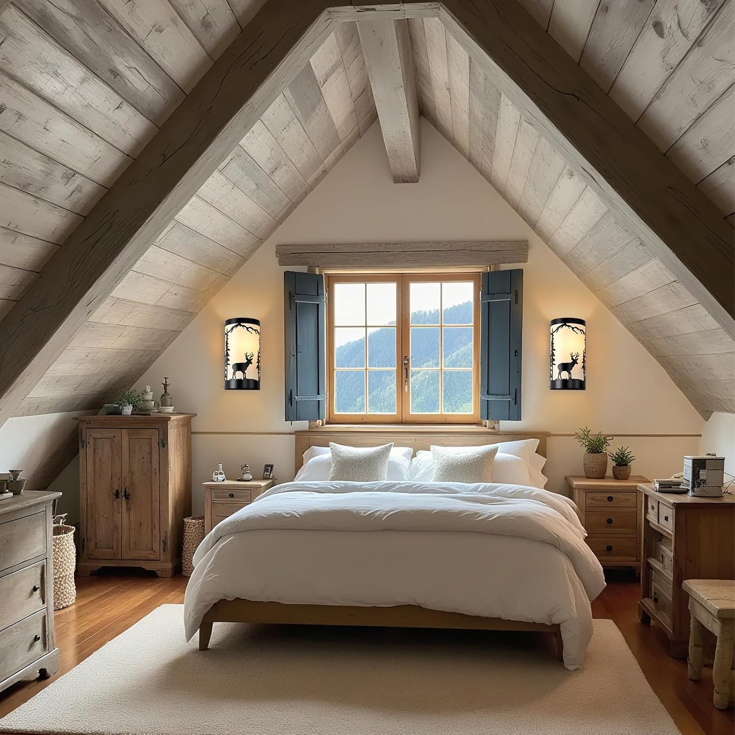 Wall Sconces Set of Two,Deer Cream White Parchment Rustic Wall Sconces,Farmhouse Black Sconce Light,Industrial Metal Indoor Wall Light Fixtures,Wall Lamps for Bedroom,Living Room,Hallway