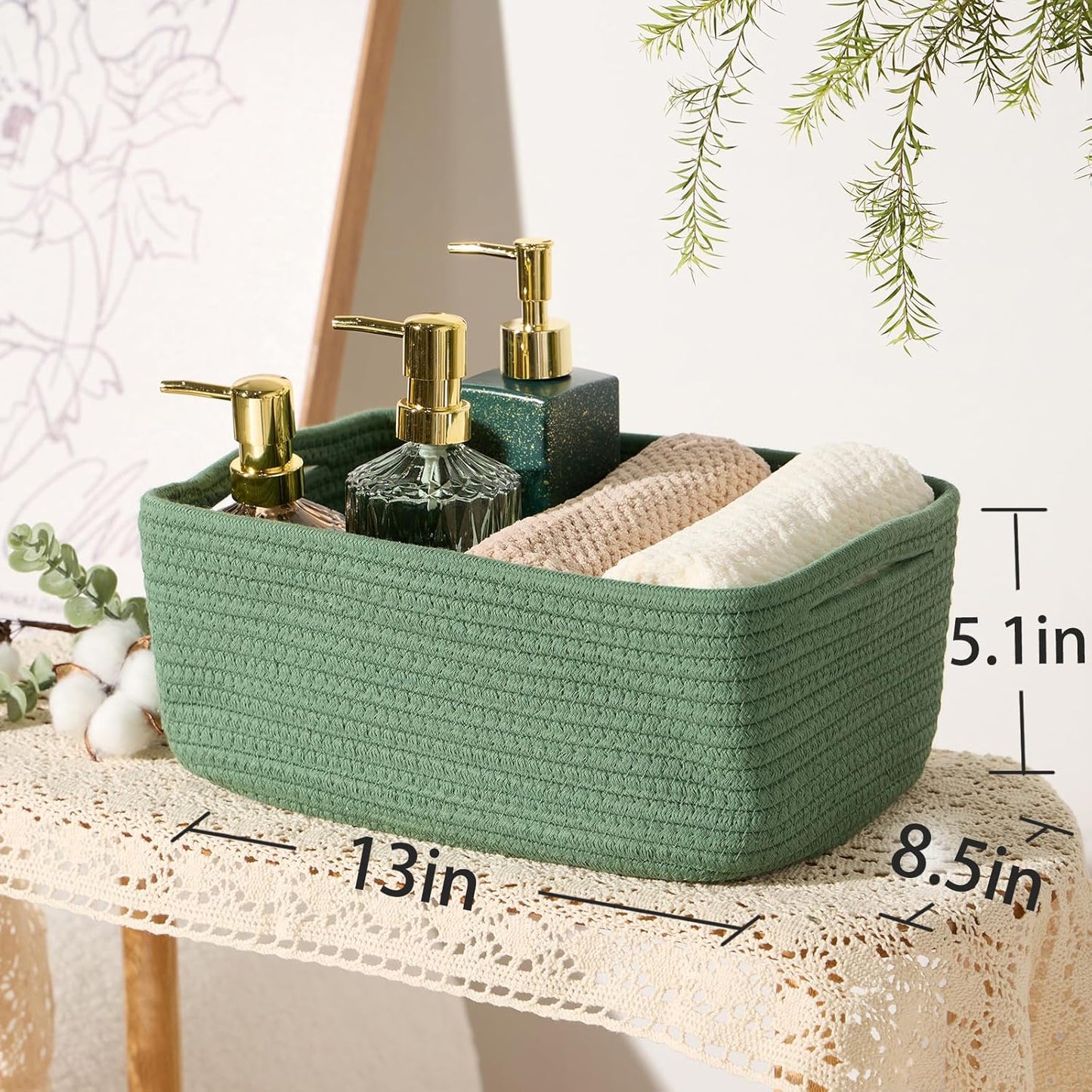 Small Storage Baskets for Organizing | Closet Organizer Bins | Shelf Toy Basket | Woven Rope Baskets | Cube Decorative Box | Shallow Basket | 13x8.5x5.1” | 4 Packs Green