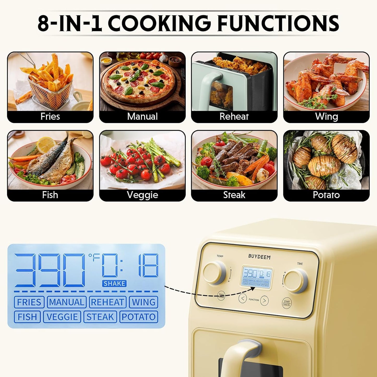 BUYDEEM F51 8-in-1 Air Fryer 4.2QT, Retro Countertop Airfryer Oven with Visible Window, Shake Reminder, One-touch Control with LCD Display, Mellow Yellow
