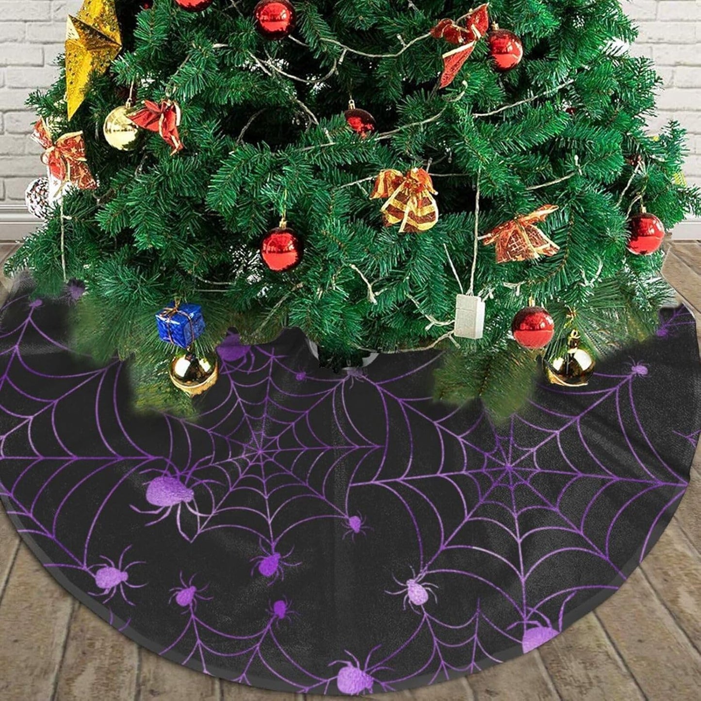 Christmas Tree Skirt,Purple Spider Web Xmas Tree Skirt Rustic Farmhouse Tree Skirt for Christmas Decor Xmas Holiday Home Party Decorations36