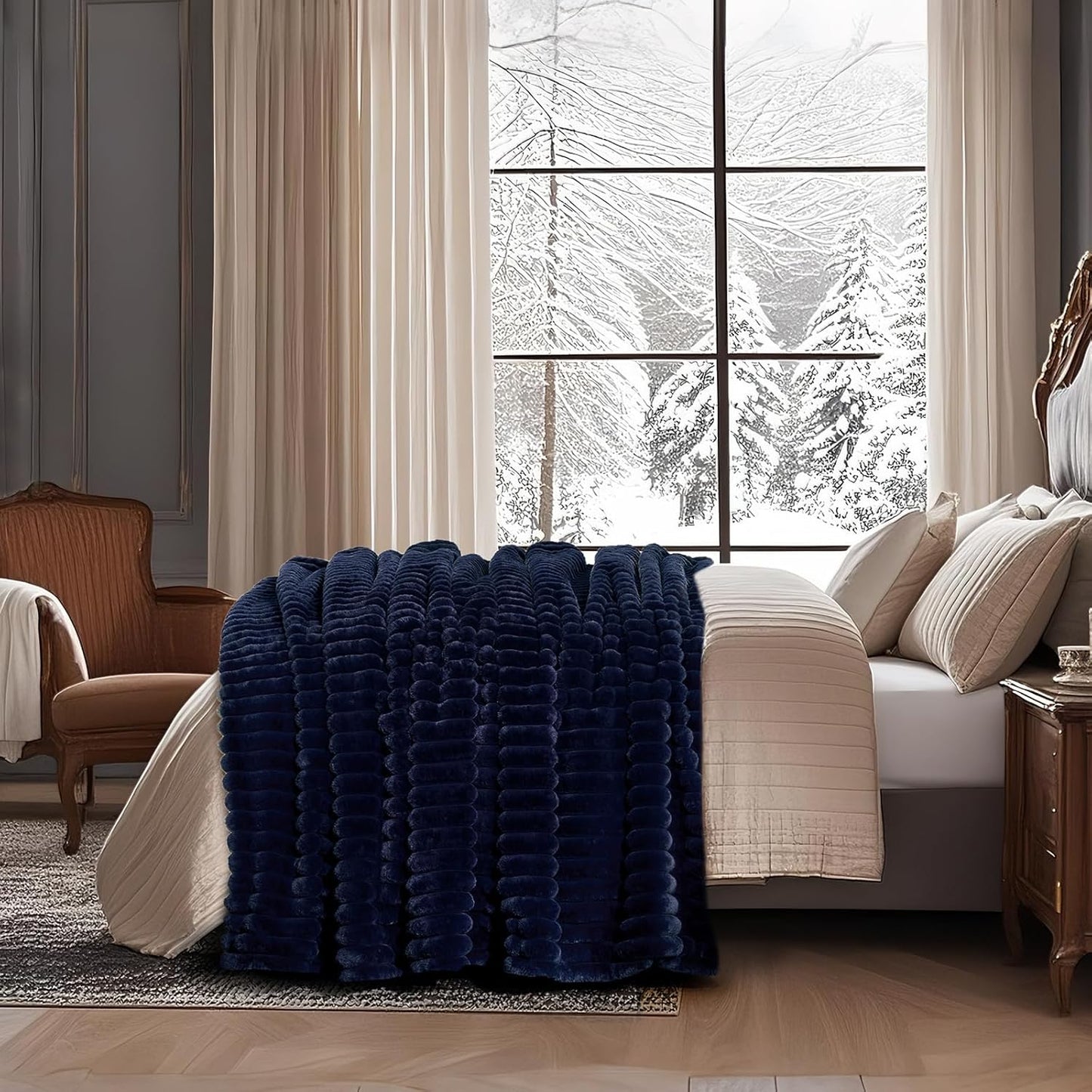 Amélie Home Faux Fur Throw Blanket for Couch, Cozy Fuzzy Fluffy Fur Luxurious Soft Striped Plush Gift Blankets for Family Sofa Chair Bed Living Room Bedroom, 55"x70", Navy Blue