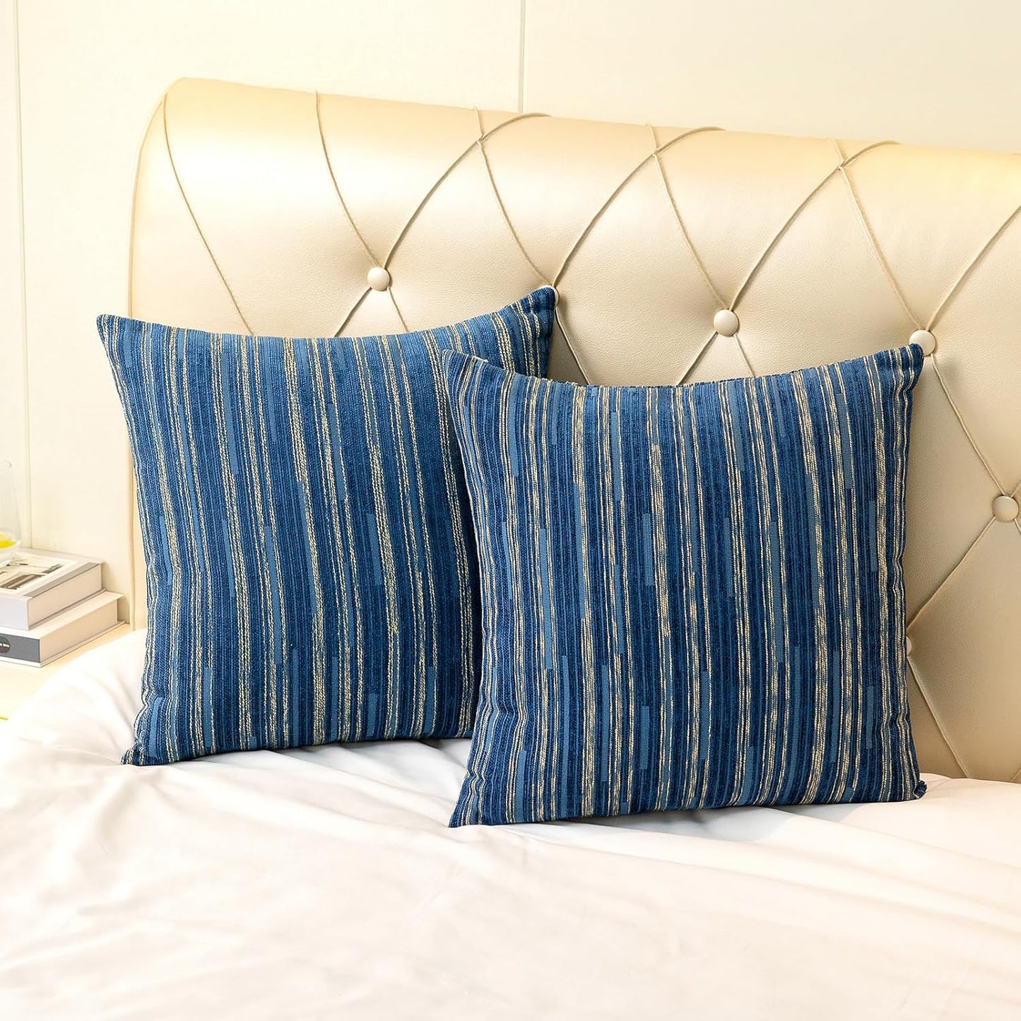 Yeiotsy Pack of 2, Modern Striped Throw Pillow Covers Bohemia Cushion Covers Home Decoration (Navy Blue, 18 X 18 Inches)