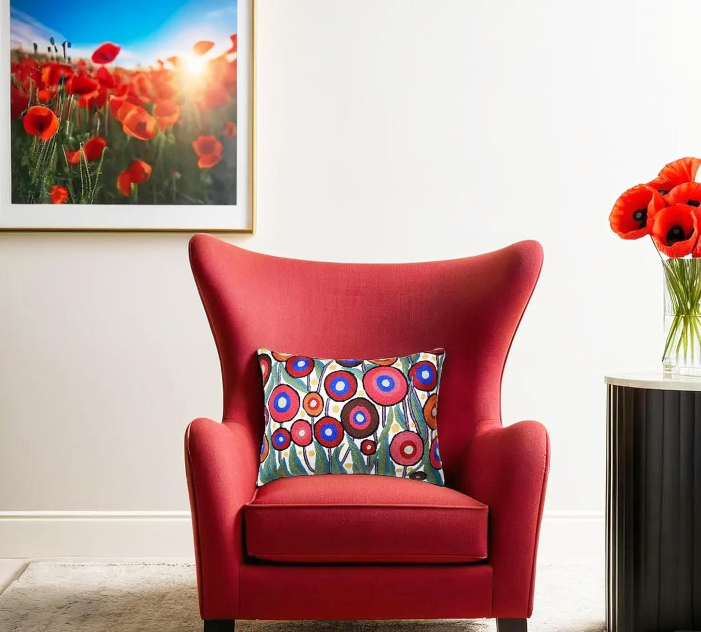 Cream Lumbar Poppy Floral Pillow Cover Red Poppies Flower Pillows White Farmhouse Chair Cushion Floral Cream Hand Embroidered Size 14x20