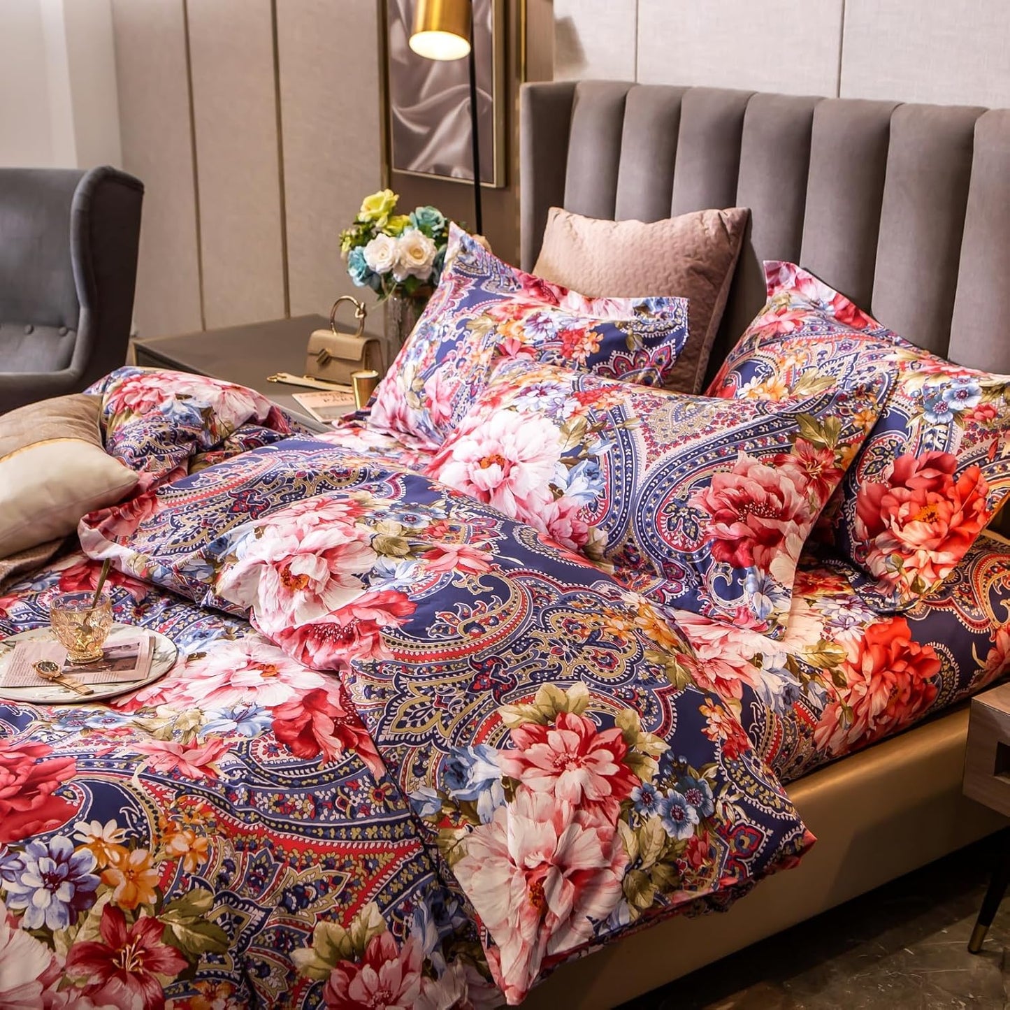 ABREEZE Colorful Floral Duvet Cover Queen 100% Cotton Flower Duvet Cover 3 Piece Set 1 Multi-Colored Damask Paisley Duvet Cover with Zipper Ties 2 Pillowcases Luxury Soft Peony Print Bedding Set