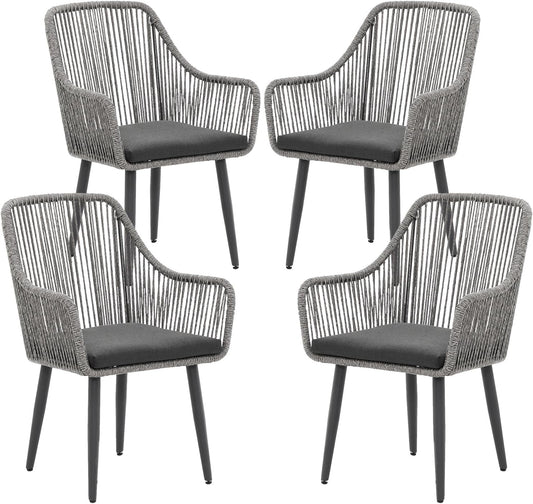 Patiorama Outdoor Dining Chairs, Patio Dining Chair Set of 4, All-Weather Woven Rope Rattan Chairs, Outdoor Dining Wicker Chairs with Armrests for Indoor Balcony Pool Backyard(Gray)