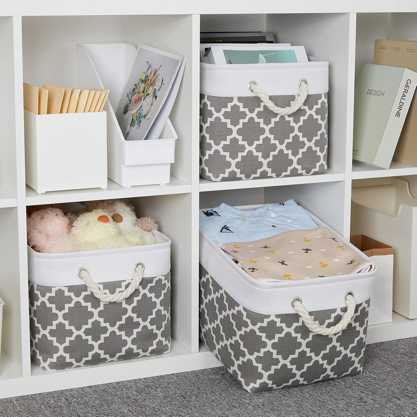 Bidtakay Basket Storage Bins Baskets for Organizing Set of 3 Collapsible Cloth Storage Linen Closet Organizer 15 X 11 X 9.5 Inches Large Foldable Baskets for Shelves (White&Quatrefoil Grey)