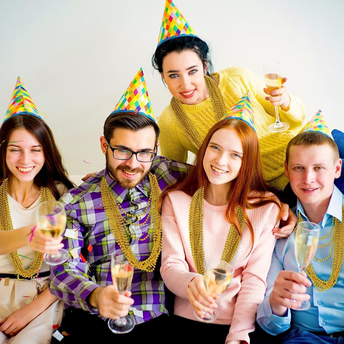 50PCS Mardi Gras Beads, Gold Bead Necklace Stuff, 33" Mardi Gras Christmas Beads Necklace Costume, Festival Parade Throw Accessories for Mardi Gras St Patricks Xmas Wedding Birthday Supplies Decor