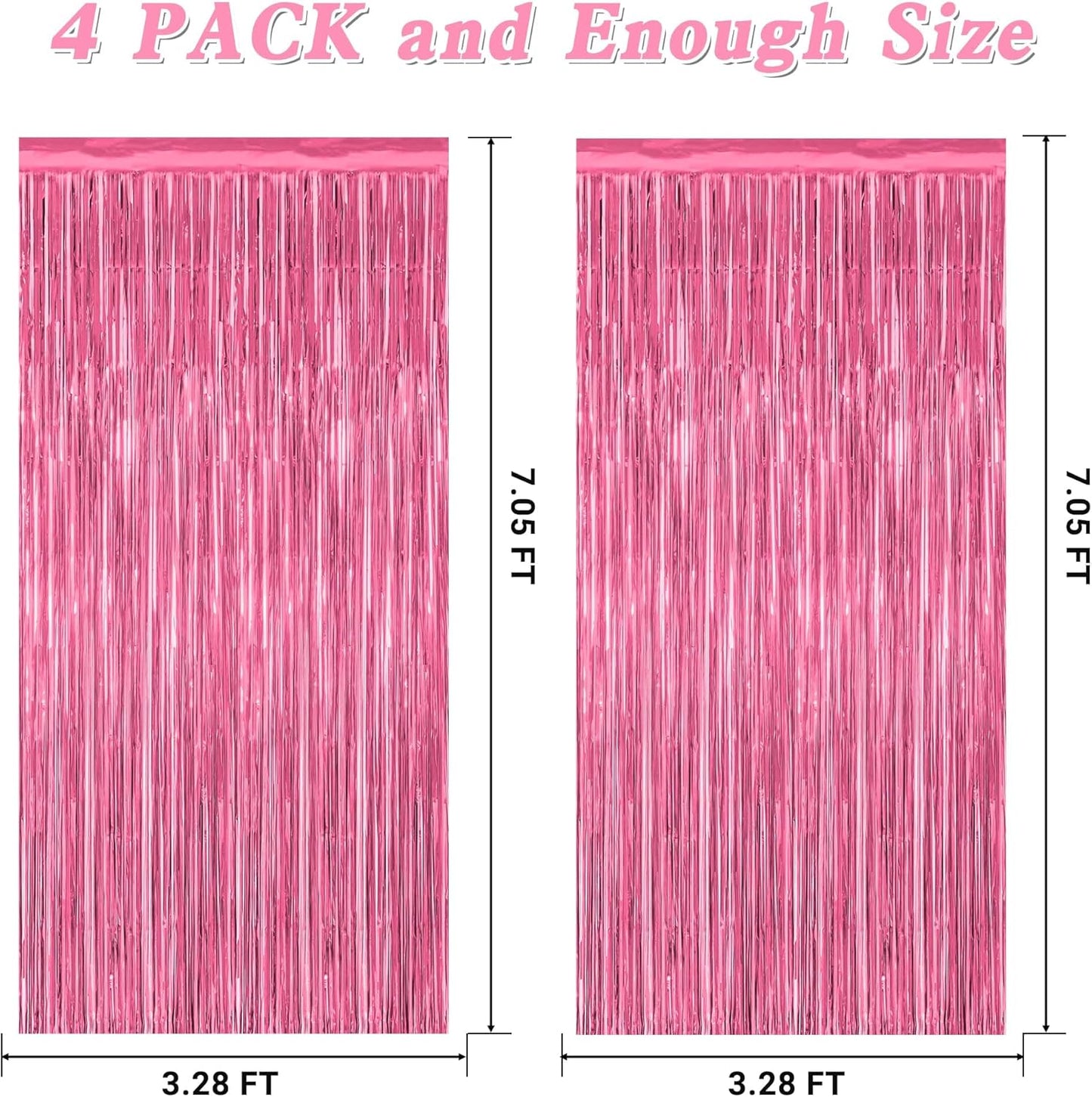 4 Pack Birthday Decorations, 3.28 FT x 7.05 FT Pink Backdrop, Metallic Happy Birthday Backdrop Fringe Curtains Party Streamer, Bachelorette Party Decorations Princes Birthday Party Decor