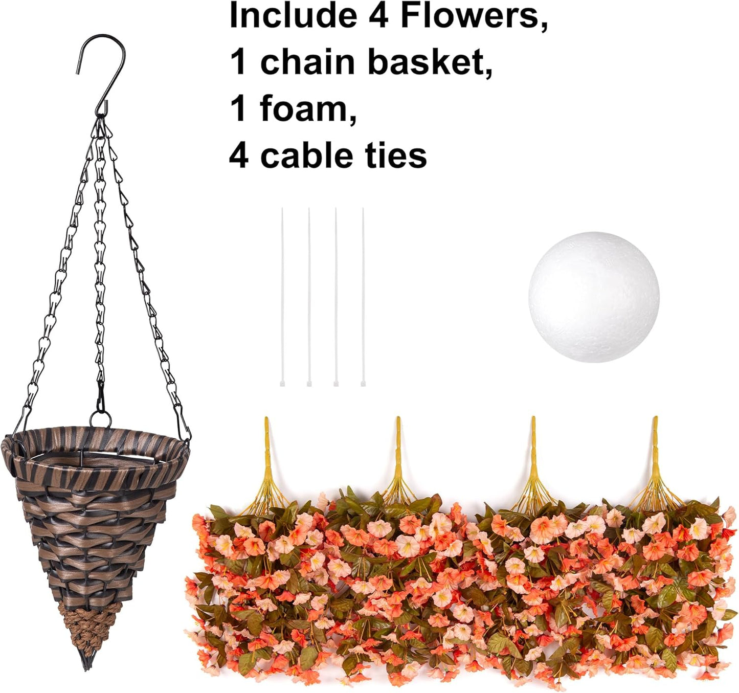 Artificial Fake Fall Hanging Flowers Plants Basket for Outdoor Autumn Decoration, Faux Silk Morning Glory Long Vines Realistic UV Resistant for Outside Home Porch Garden (Fall Orange+Light Orange)