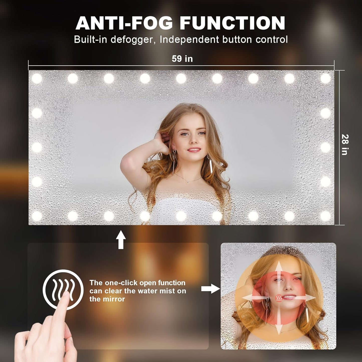 Hasipu LED Bathroom Mirror with Lights, 59" x 28" Hollywood Wall-Mounted Bathroom Mirror with 24 Dimmable Bulbs, 3 Colors Modes, Touch Control, Anti-Fog, Memory Function, Shatter-Proof, ETL Listed