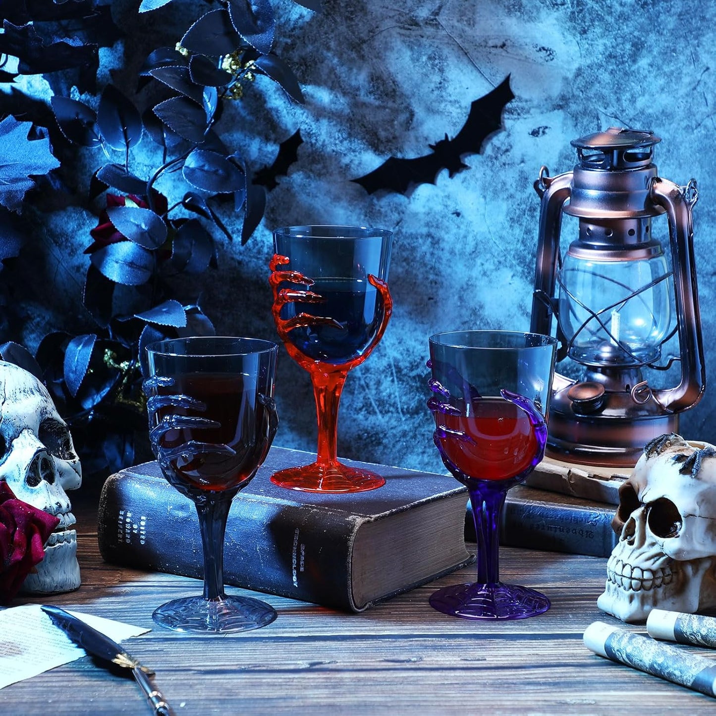 Dandat 24 Pcs Halloween Skeleton Hand Goblets 12oz Clear Plastic Halloween Cups Skull Wine Glass Set for Creepy Spooky Party Decorations(Black, Purple, Orange, Gray)