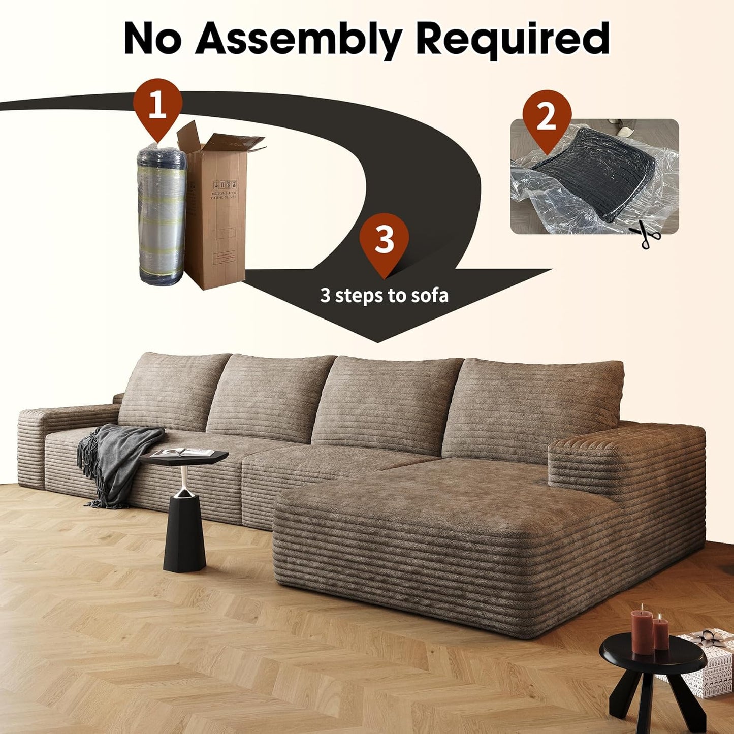 136" Sectional Couches for Living Room Modern Modular Sofa with L-Shape Couchs Upholstered Boneless Couch Deep Seat Sectional Couch with Chaise (Camel, Right Facing Chaise+3Seaters)