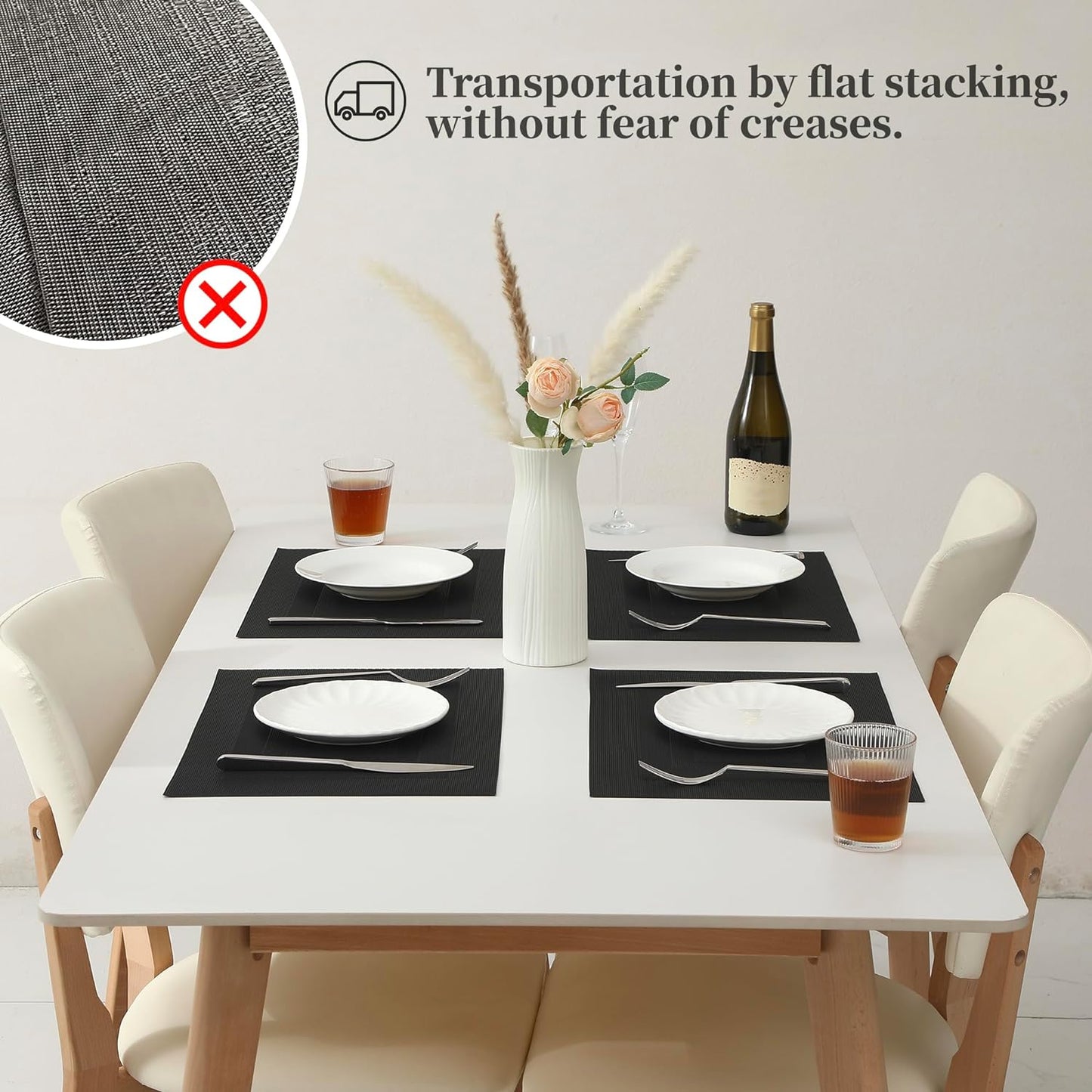 Leetaltree Black Frame Placemats Set of 6 - Heat Resistant Non-Slip Place mats for Dining Table, Washable Durable PVC Vinyl Woven Table Mats（Black Frame, 6）