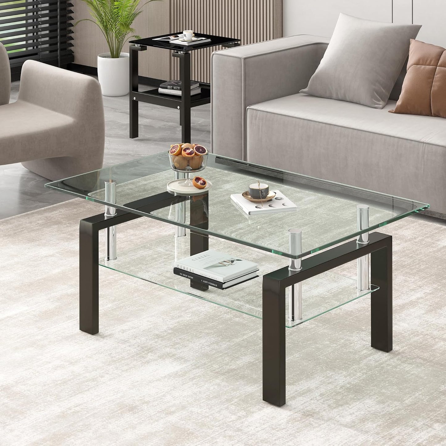 Glass Coffee Table Rectangle Living Room Center Table, with Tempered Glass Tabletop Black Metal Leg,for Living Room and Office (Dou-Clear Glass)