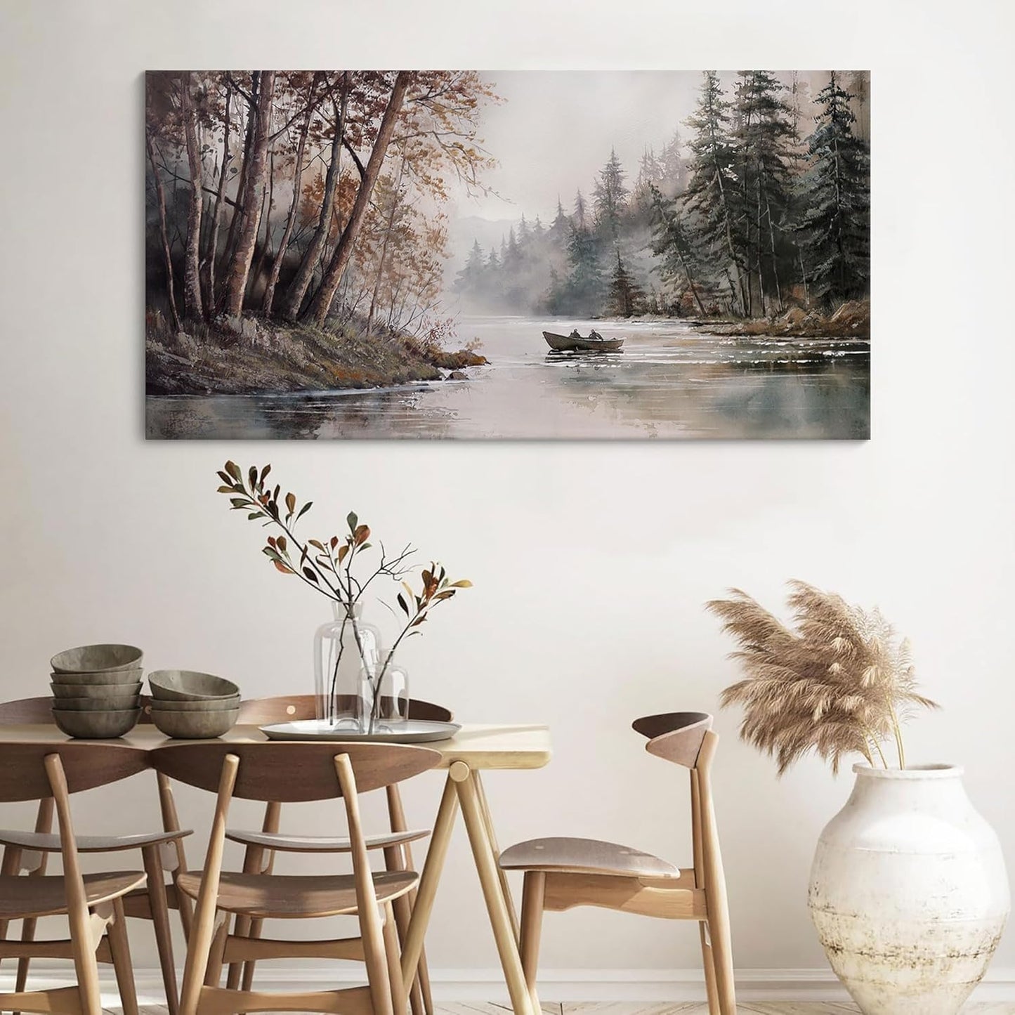 HGUAOA Mountain Canvas Wall Art Rustic Lake Landscape - Nature & Forest Scenery Paintings Pictures for Living Room & Bedroom Wall Decor Vintage Artwork for Walls