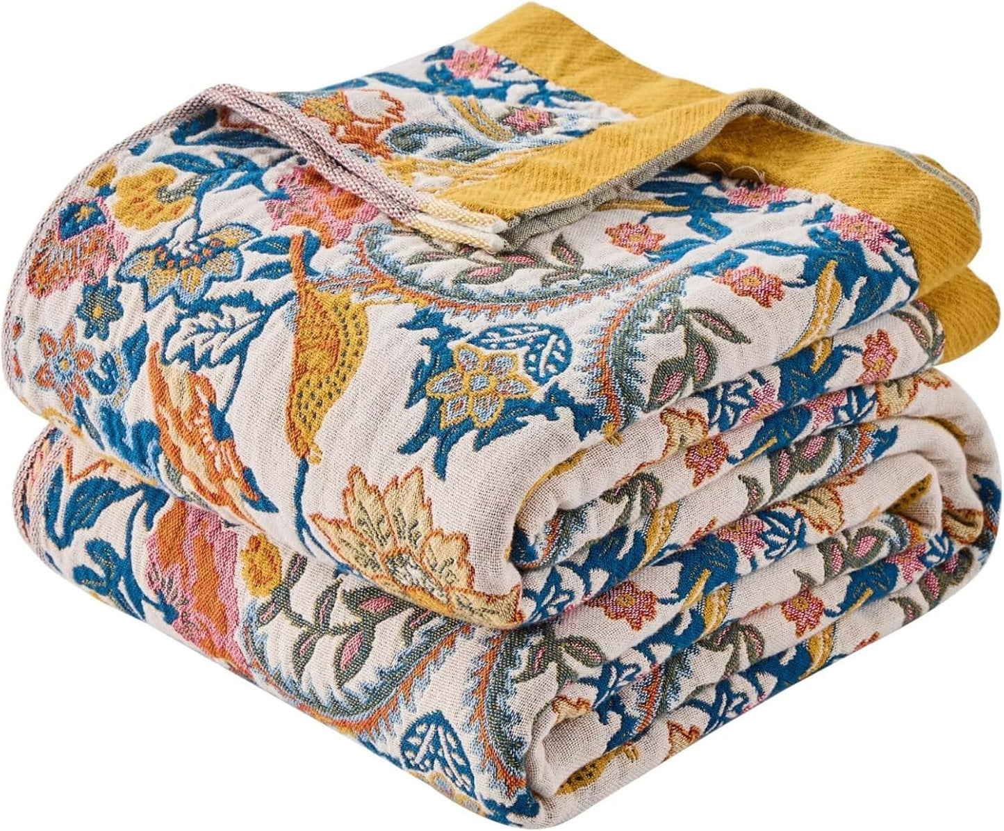 Boho Throw Blanket Reversible Cotton Bohemian Tapestry,100% Cotton Throw Blanket for Couch,Sofa,Chair,Lightweight Summer Quilt Soft 4-Layer Muslin Blanket for Farmhouse,Picnic Decor 50"x60"