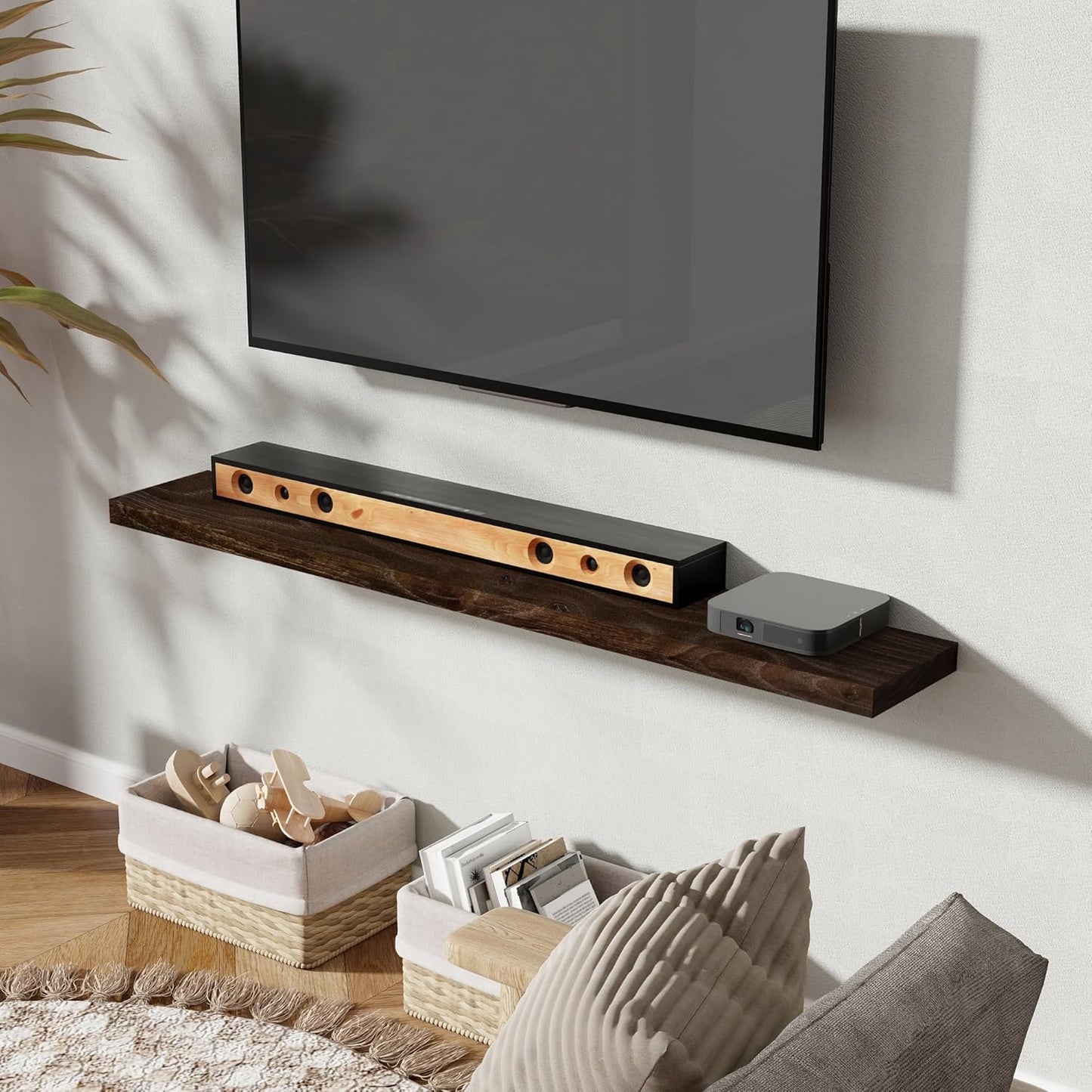 55" Floating Shelves for Wall, Rustic Elm Wood Floating Shelf for Home Decor, Wall-Mounted Display Shelves with Heavy-Duty Bracket, Long Floating Shelf for Bathroom, Kitchen, Living Room, Walnut Color