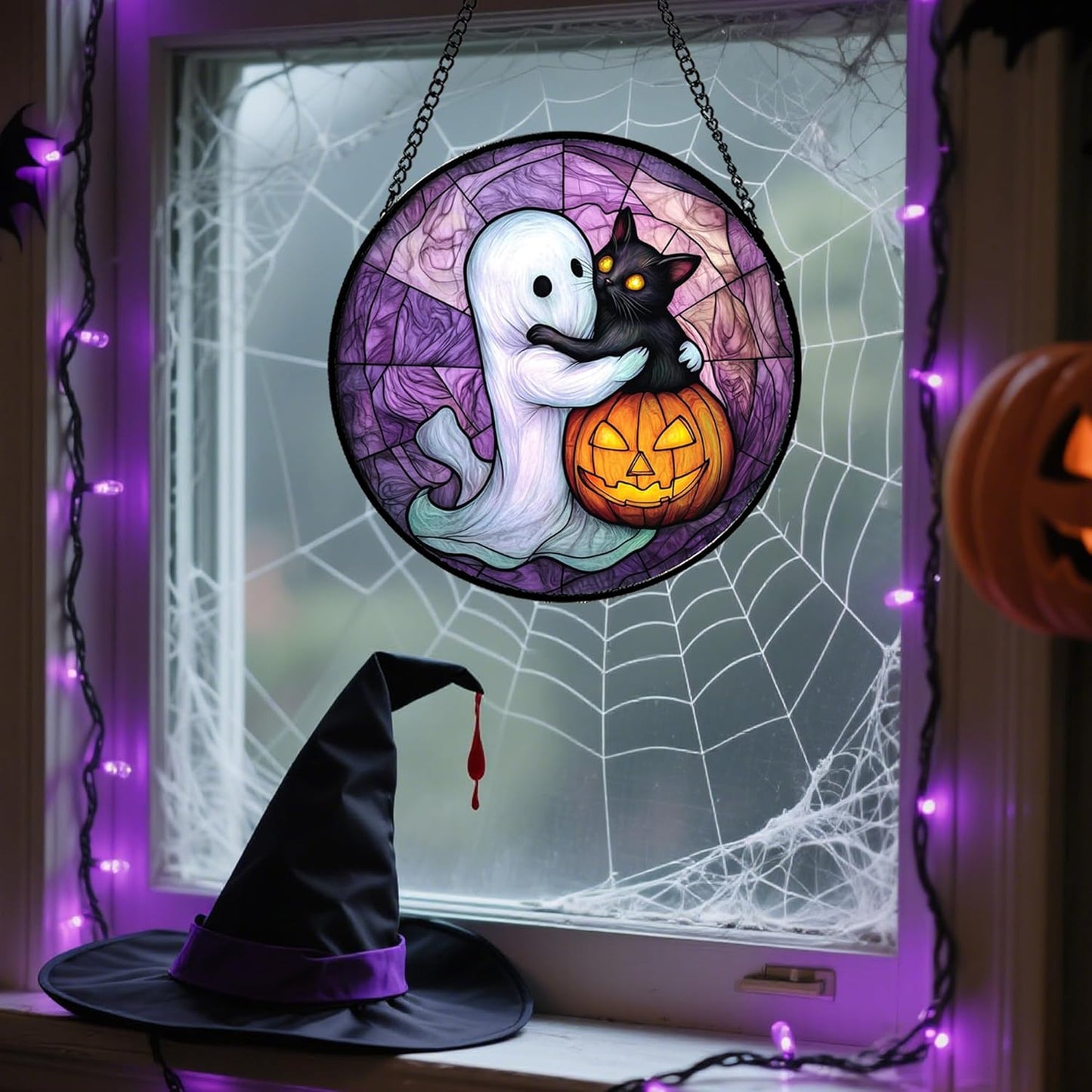 Stained Glass Window Hanging - Halloween Decorations Ghost Black Cat Pumpkin Suncatcher for Door Garden Spooky Purple Sun Catchers Gothic Decor Horror Gifts for Women Men Friend Boy 11.8 in