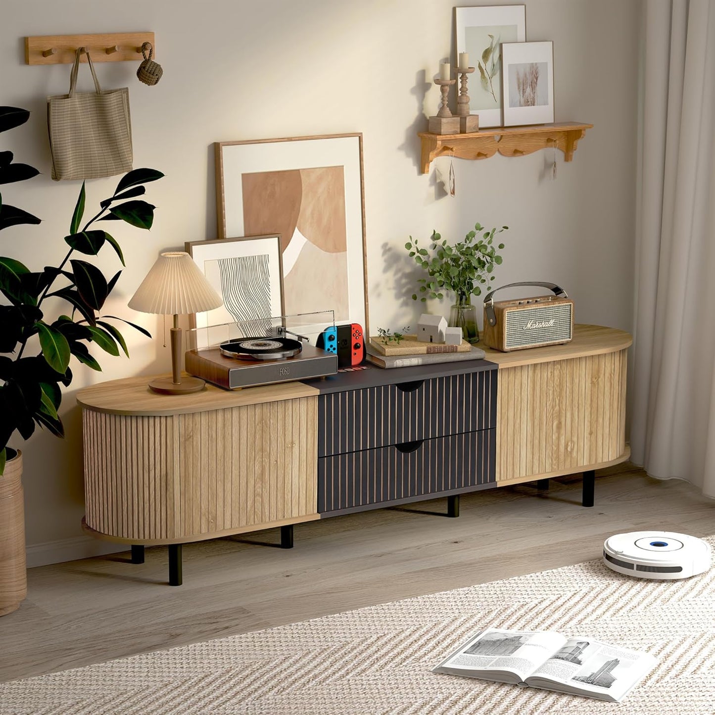 71" Tambour Door TV Stand,Wood Mid Century Modern TV Cabinet for Up to 85“ TV,Curved Edge Long TV Stand with Storage for Bedroom Living Room(Natural, 71inch)