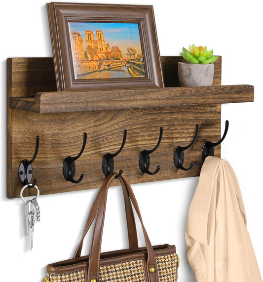 Shelf with Hooks, Coat Rack Wall Mount with 6 Double Metal Hooks, 17 Inch Farmhouse Wall Hooks with Shelf, for Entryway, Bathroom, Kitchen, Rustic Brown