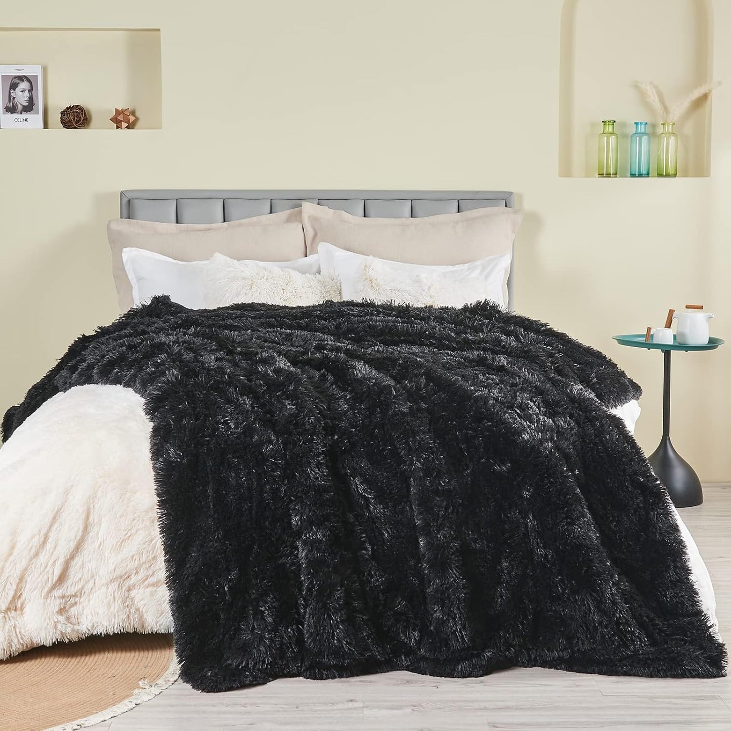 GONAAP Fuzzy Faux Fur Throw Blanket Twin Size Black Super Soft Cozy Plush Fuzzy Shaggy Blanket for Couch Sofa Bed (Black, Twin(60"x80"))