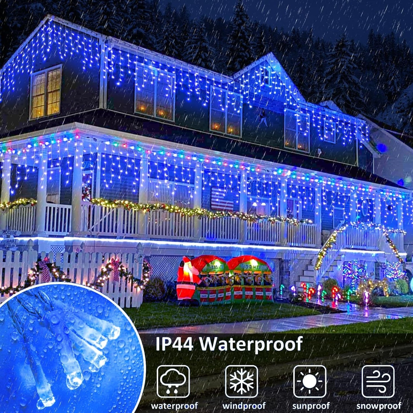 98FT Blue Icicle Lights for Outside, 1216 LED Icicle Christmas Lights with 8 Modes 228 Drops, Curtain Twinkle Lights for Indoor Outdoor Bedroom House Holiday Party Wedding Decorations