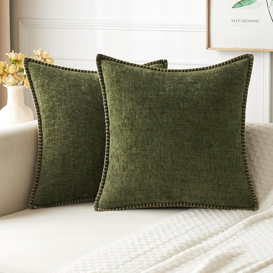 MIULEE Pack of 2 Couch Throw Pillow Covers 18x18 Inch Olive Green Farmhouse Decorative Pillow Covers with Stitched Edge Soft Chenille Solid Dyed Spring Pillow Covers for Sofa Bed Living Room