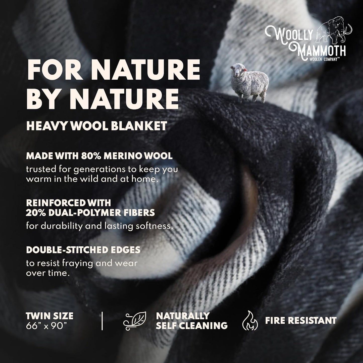 Woolly Mammoth Woolen Company Camping Wool Blanket - 66 in x 90 in Black & Cream Plaid - Heavyweight Merino Wool Outdoor Throw Blanket & Bedroll - Insulating Warm for Winter, Picnic & Travel