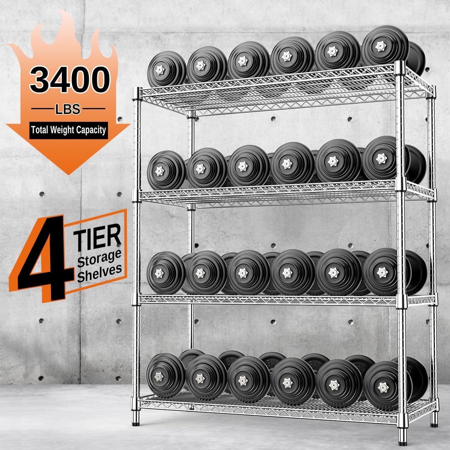 IZEUK 3400 LBS Garage Shelving Wide Storage Shelves 4 Tier Metal Shelves Heavy Duty Adjustable Utility Shelf Rack Chrome 17.7" D x 47.2" W x 70.4" H