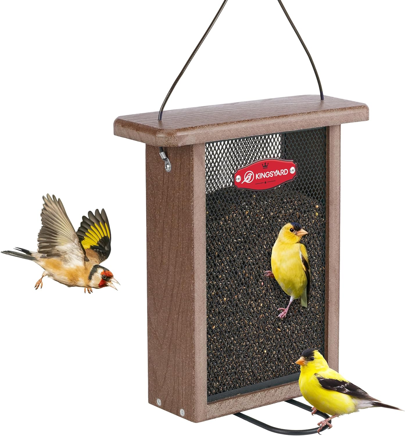 Kingsyard Metal Mesh Bird Feeder for Outdoors Hanging, Finch Feeder for Nyjer/Thistle, Sliding Mesh & Built-in Perch, Recycled Plastic, Brown