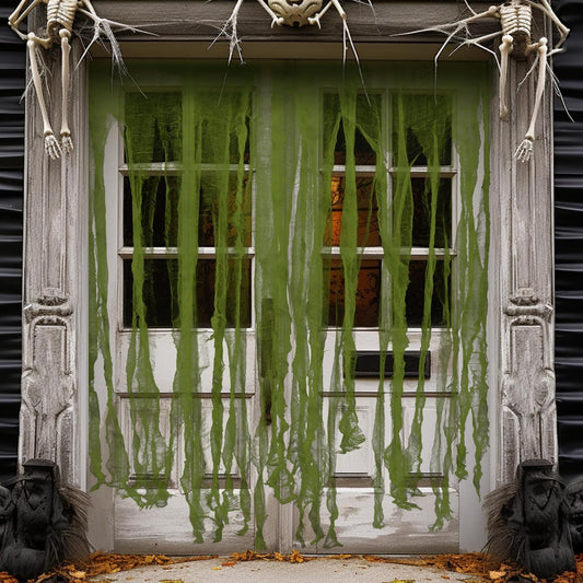 RunNico 2Pcs 85" x 60" Large Halloween Door Curtain Decoration, Green Gauze Doorway Curtain, Creepy Cloth Strip Drape for Halloween Horror Theme Party Haunted House Costume Decor