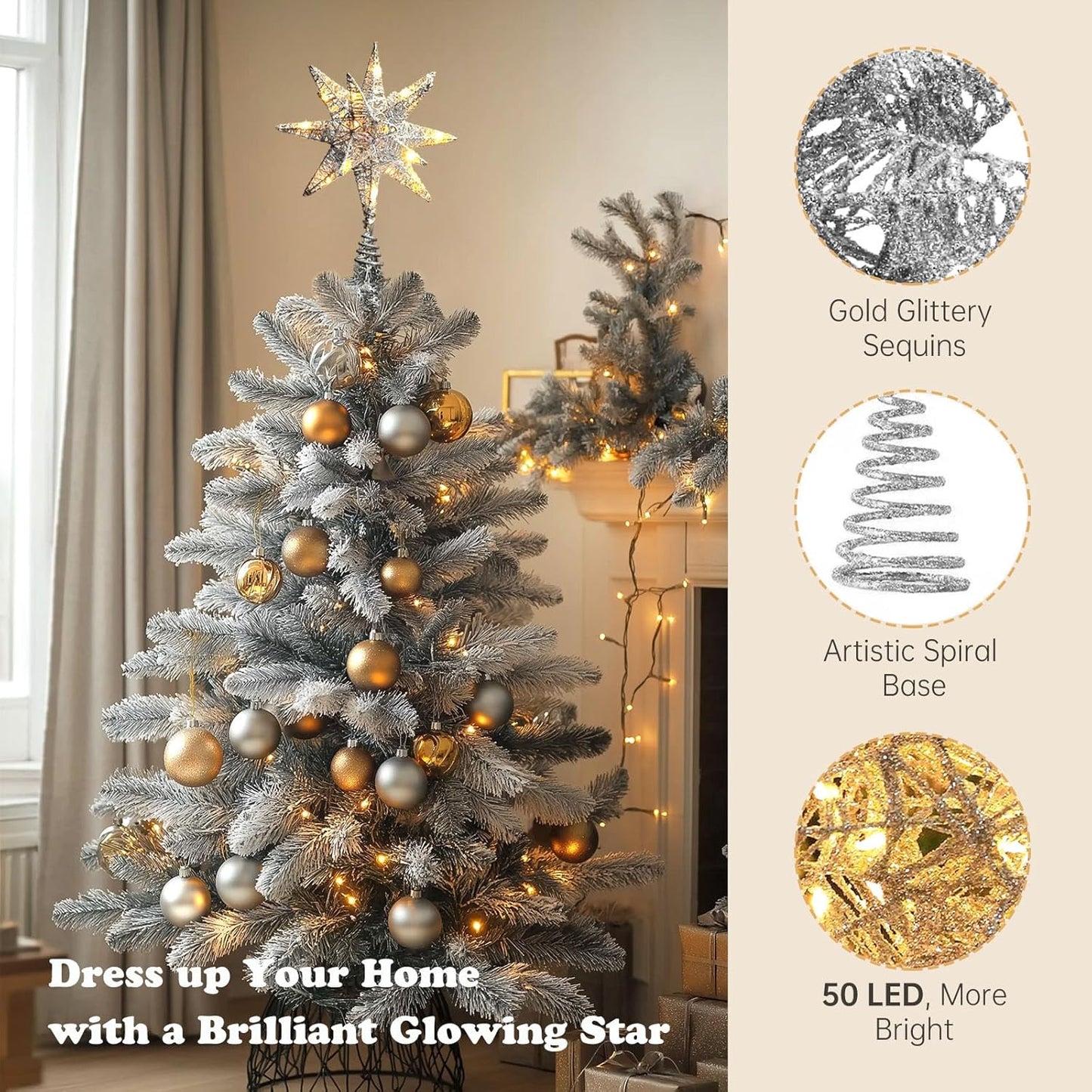 Christmas Tree Topper Star with White 50 LED Lights, Star Tree Topper for Christmas Tree Tradition Moravian Decor, 11X 7.87 Inch with 5m Long Line, Estrella para Arbol De Navidad, Silver